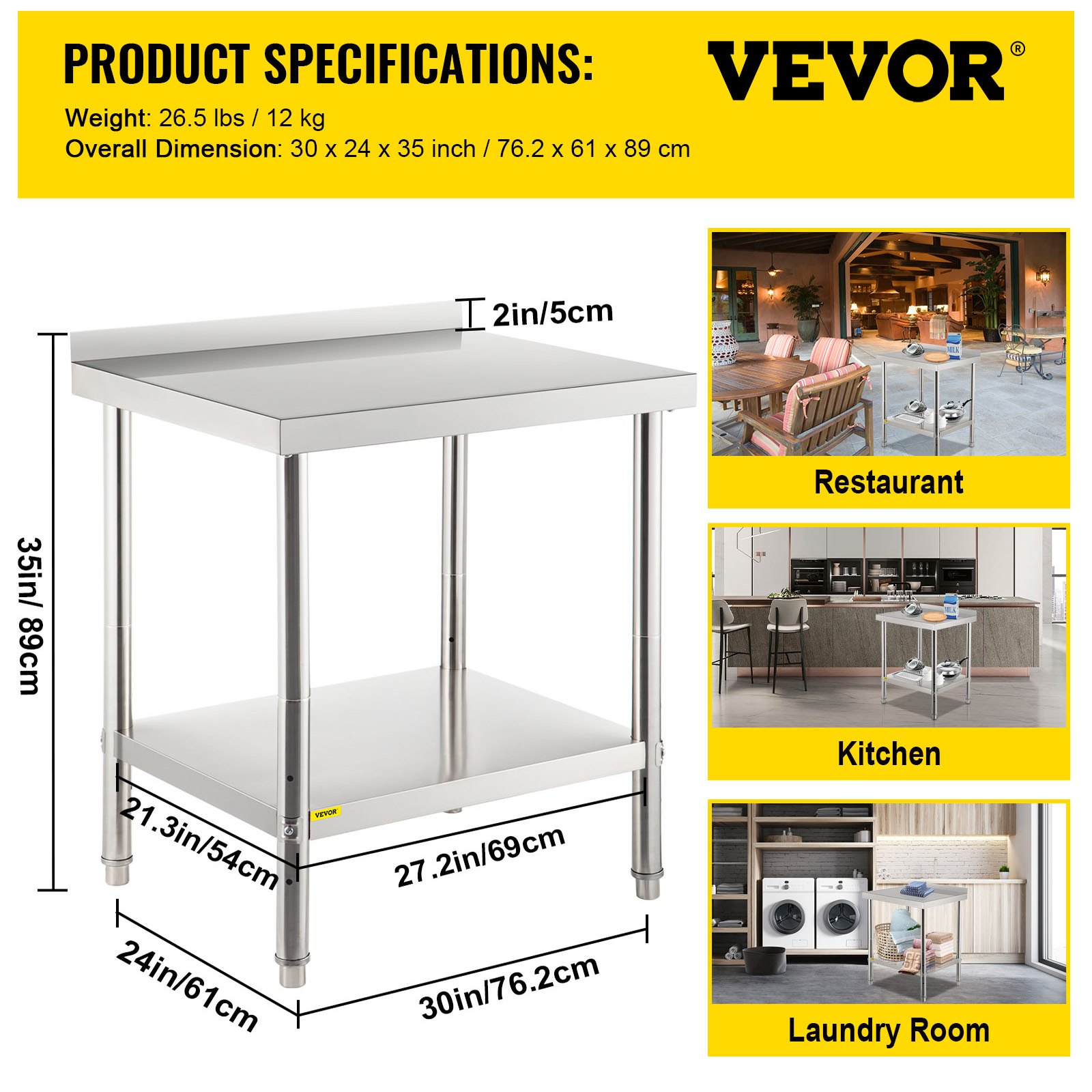 Dimensiones y especificaciones de la mesa de preparación de acero inoxidable VEVOR para restaurante, cocina y lavandería.