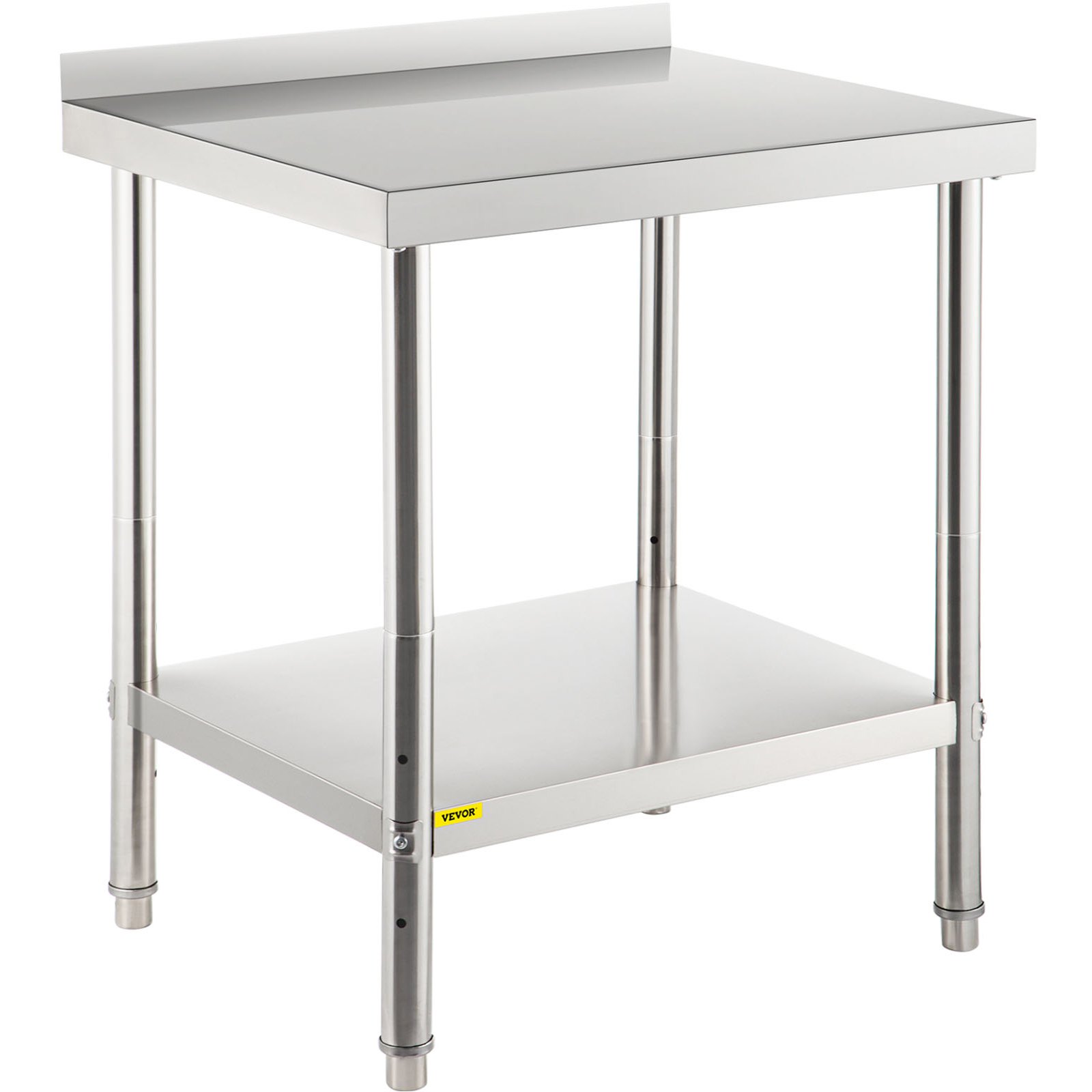 Mesa de preparación de acero inoxidable con estante inferior y protector contra salpicaduras.