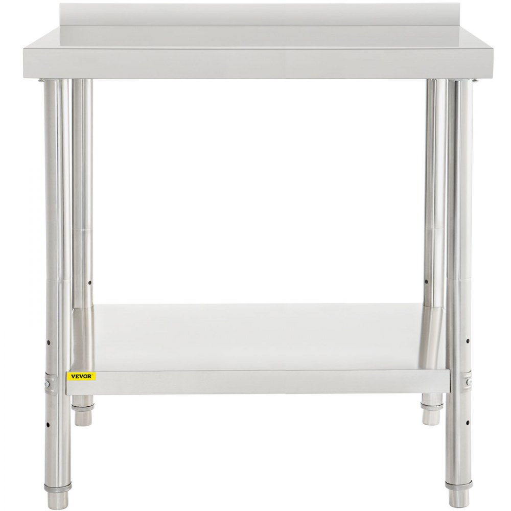Mesa de preparación de acero inoxidable VEVOR con estante inferior y protector contra salpicaduras.