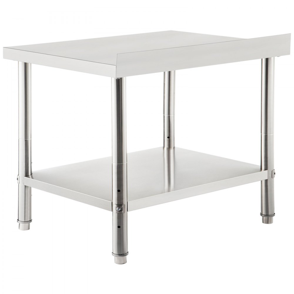Mesa de preparación de acero inoxidable VEVOR con estante inferior y patas ajustables para uso en cocina.