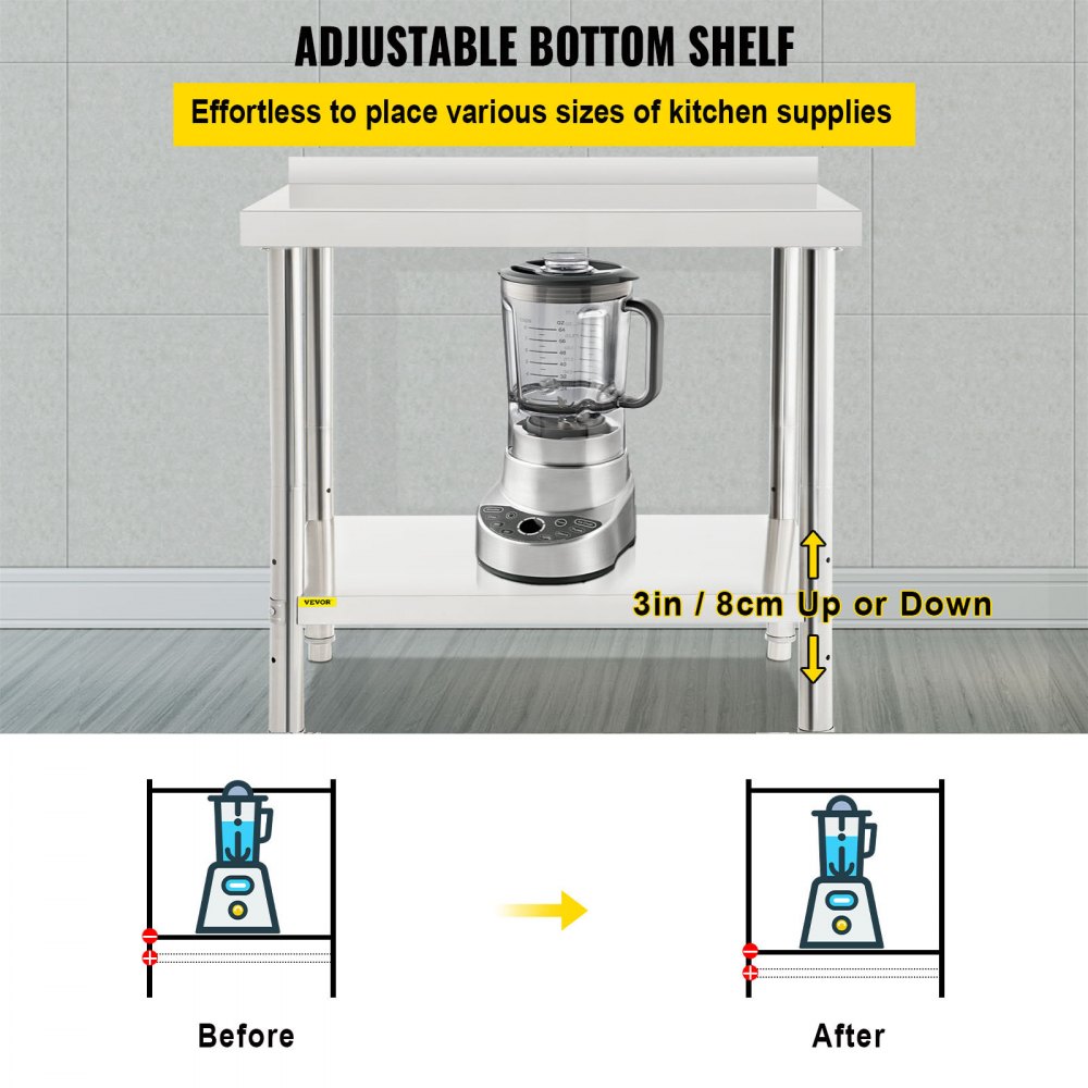 Mesa de preparación de acero inoxidable VEVOR, 91 x 61 x 89 cm, capacidad de carga de 200 kg, mesa de trabajo de metal resistente con protector contra salpicaduras y estante inferior ajustable, estación de trabajo comercial para cocina y restaurante.