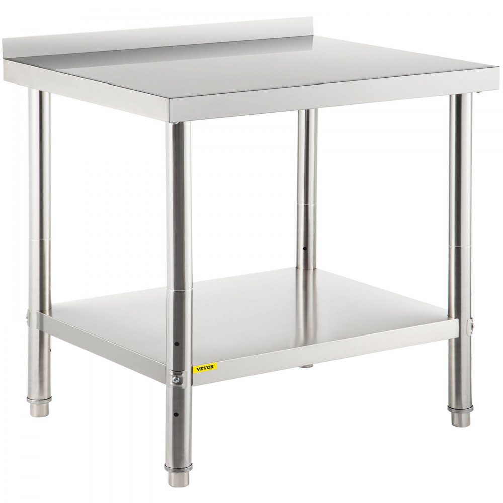 Mesa de preparación de acero inoxidable VEVOR, 91 x 61 x 89 cm, capacidad de carga de 200 kg, mesa de trabajo de metal resistente con protector contra salpicaduras y estante inferior ajustable, estación de trabajo comercial para cocina y restaurante.