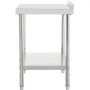 Mesa de preparación de acero inoxidable VEVOR con estante inferior y patas ajustables en un diseño elegante y limpio.