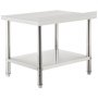 Mesa de preparación de acero inoxidable VEVOR con estante inferior y patas ajustables para uso en cocina.