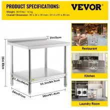 VEVOR Mesa de preparación Mesa De Trabajo resistente Mesas De Cocina Mesa Acero Inoxidable 36 x 24 x 35 pulgadas capacidad de carga de 440 libras