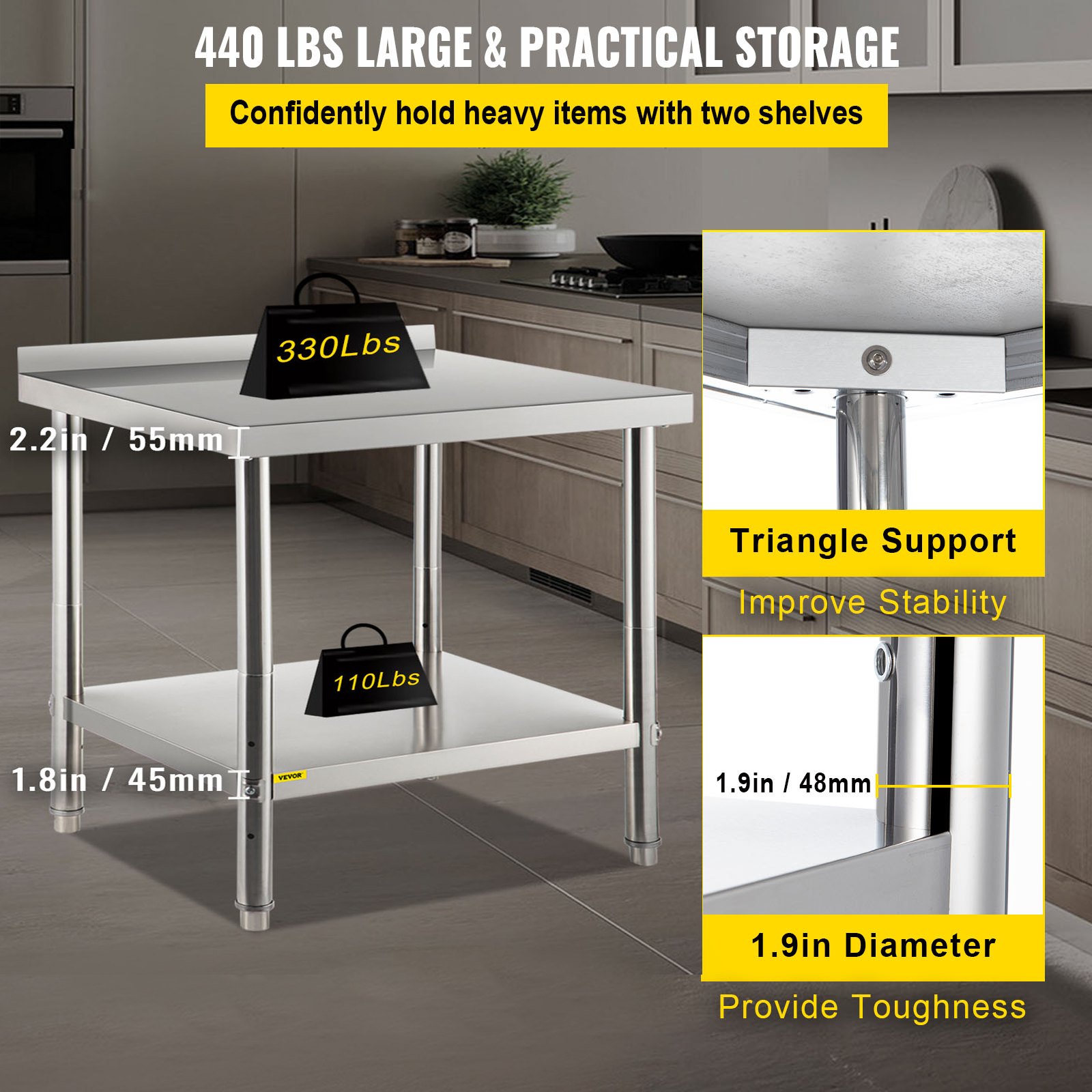 Mesa de preparación de acero inoxidable VEVOR con 2 estantes que soporta hasta 440 libras.