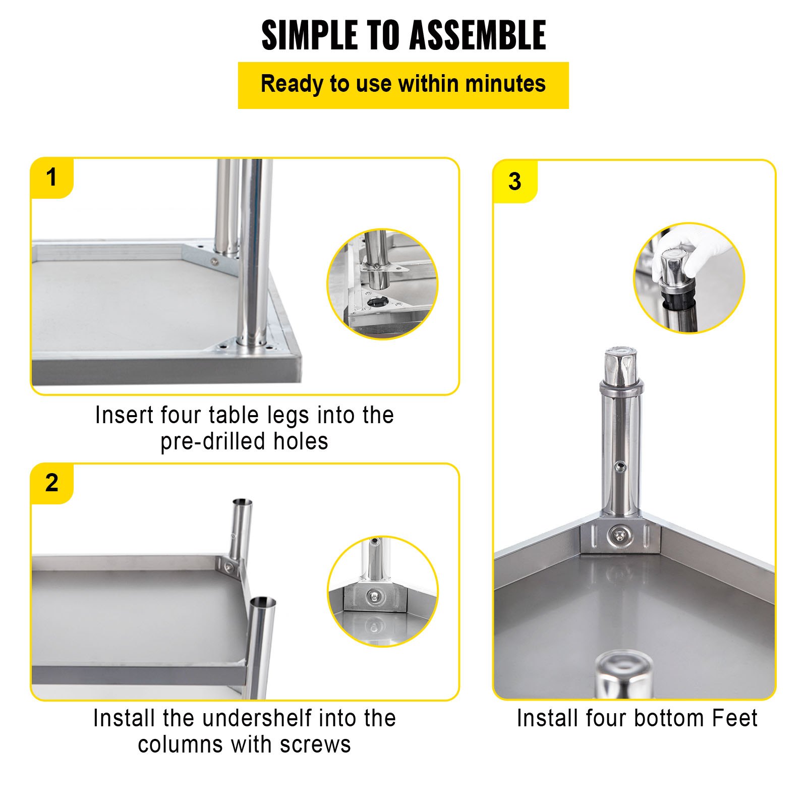 Pasos de montaje de la mesa de preparación de acero inoxidable VEVOR: insertar las patas, instalar el estante inferior, colocar los pies.