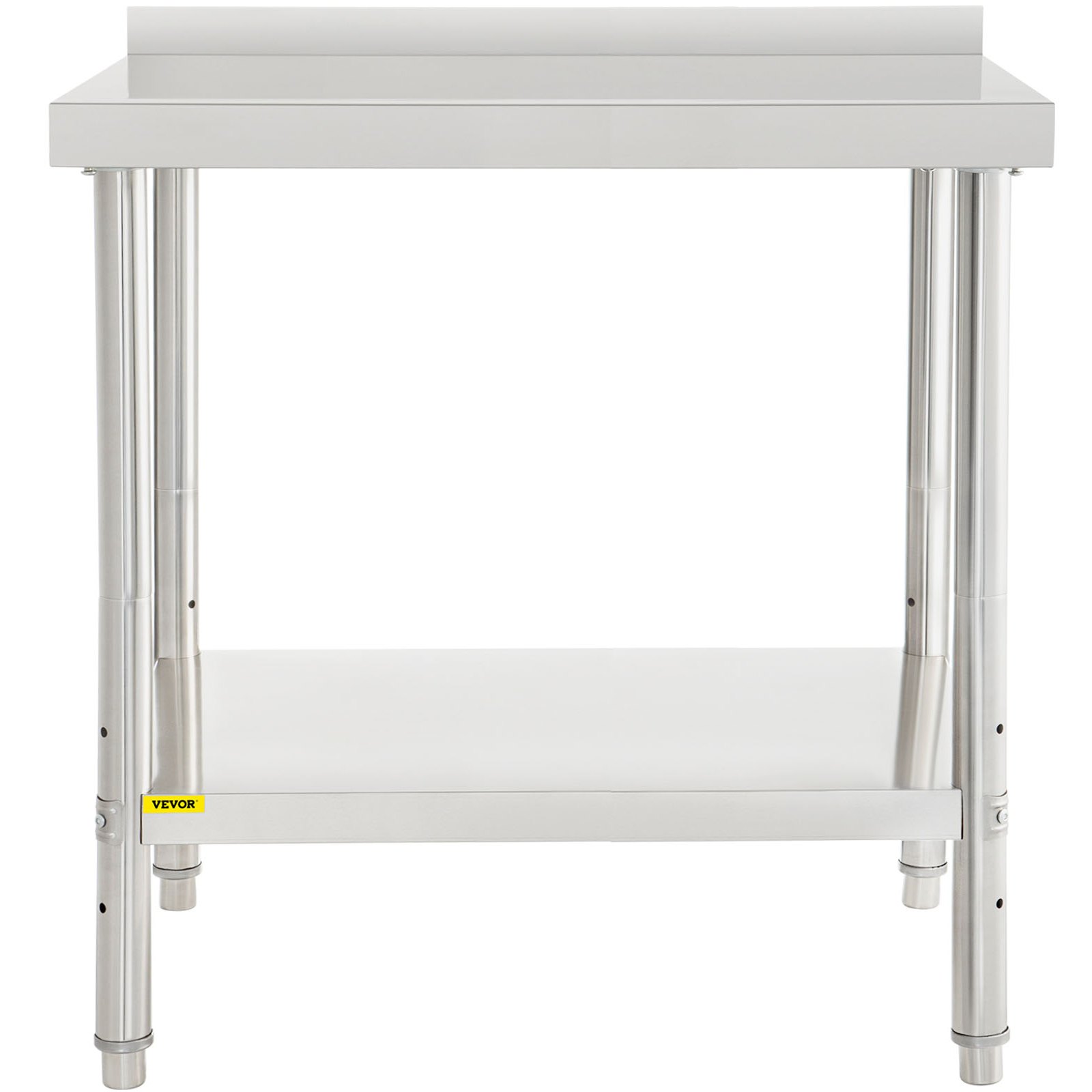 Mesa de preparación de acero inoxidable VEVOR con estante inferior y protector contra salpicaduras.