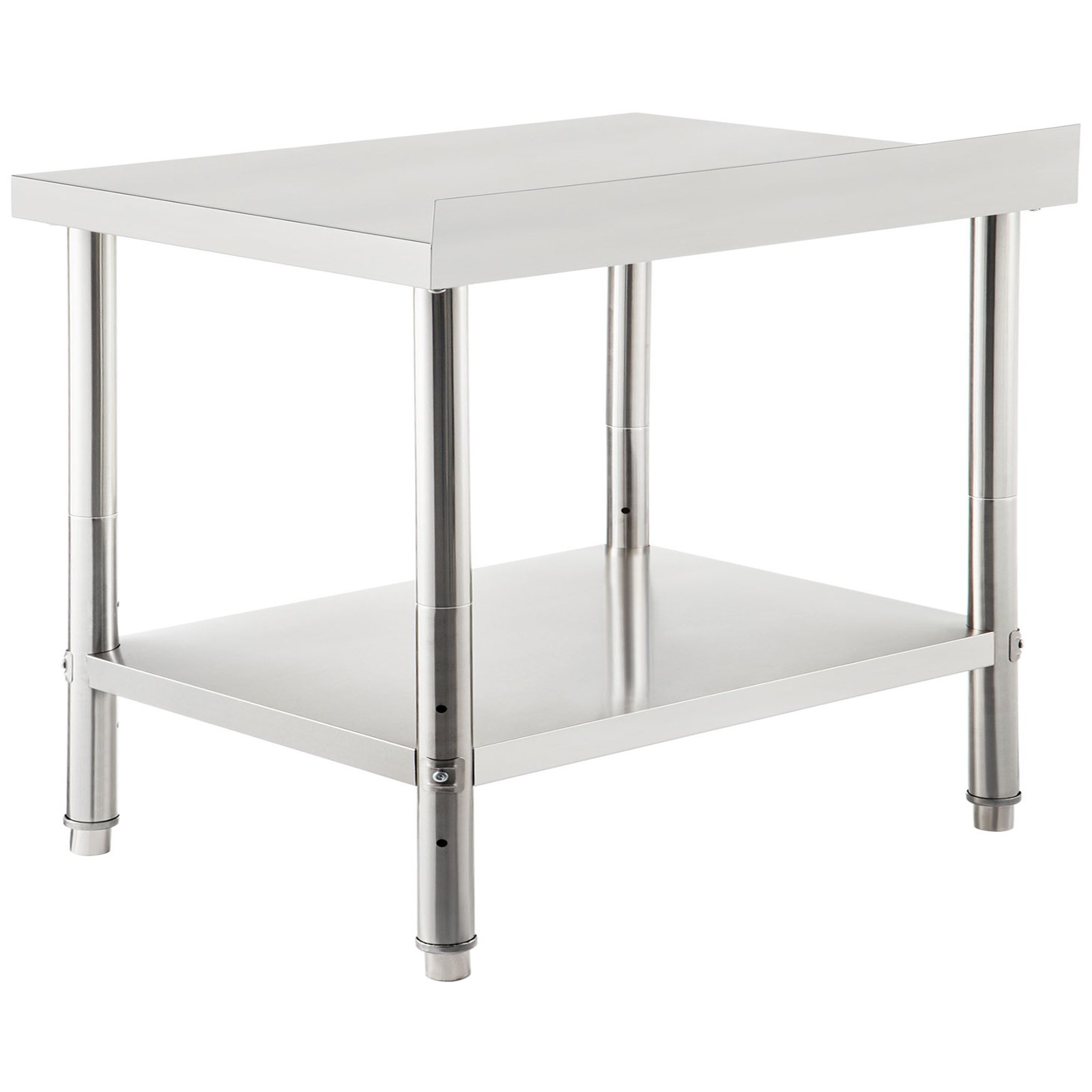Mesa de preparación de acero inoxidable VEVOR con estante inferior y patas ajustables para uso en cocina.