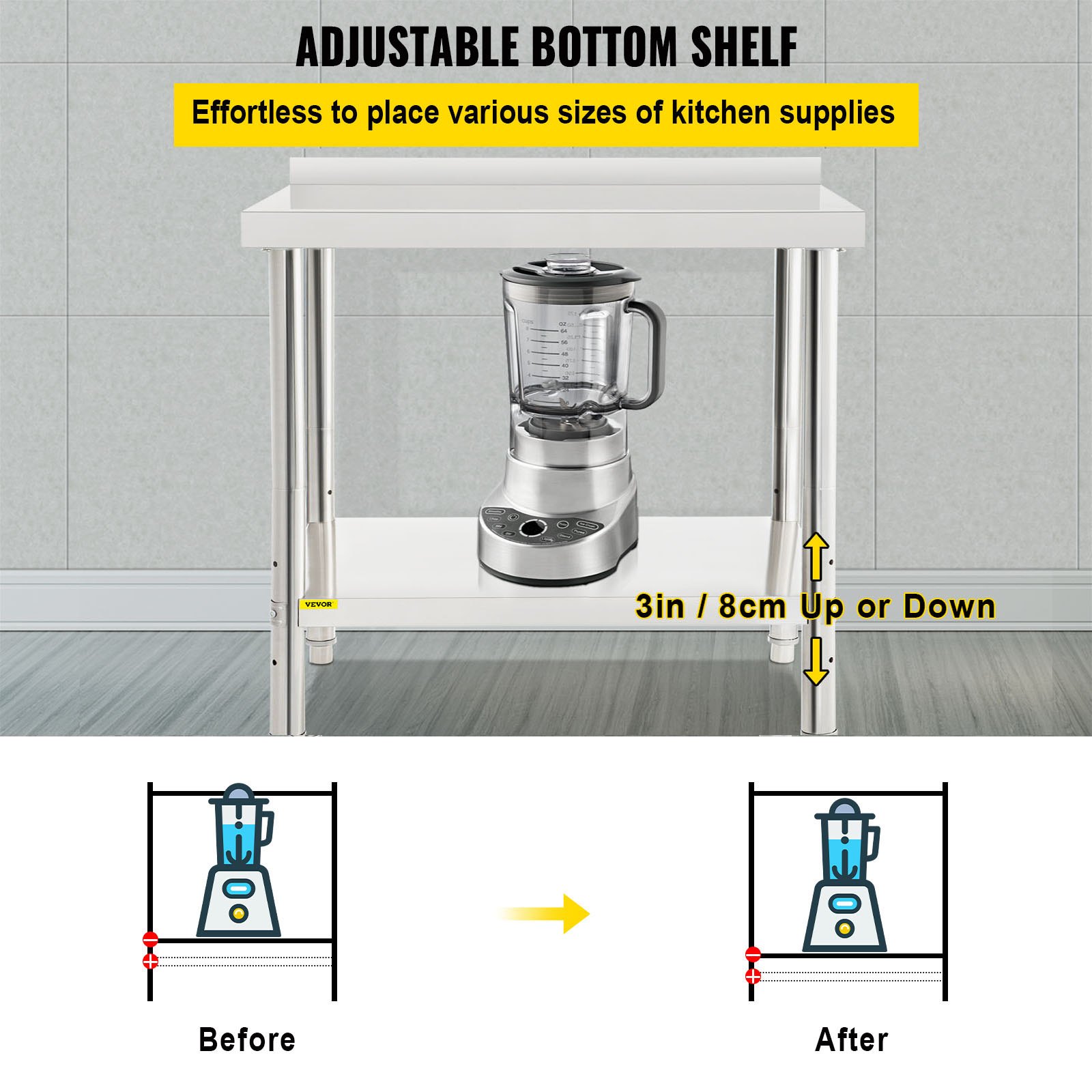 Mesa de preparación de acero inoxidable VEVOR, 91 x 61 x 89 cm, capacidad de carga de 200 kg, mesa de trabajo de metal resistente con protector contra salpicaduras y estante inferior ajustable, estación de trabajo comercial para cocina y restaurante.