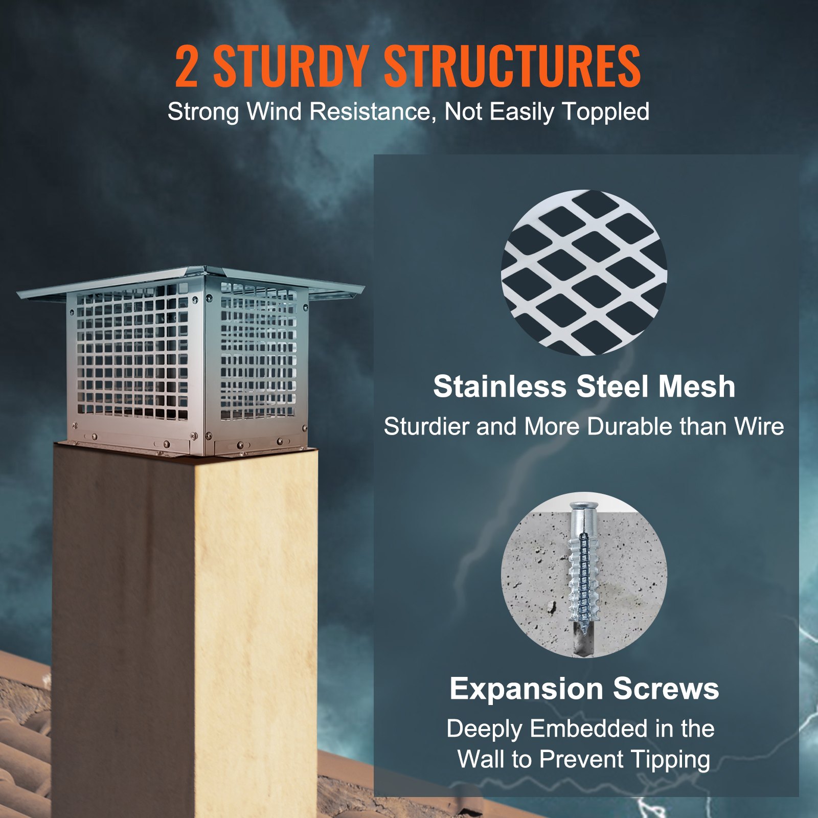 Tapa de chimenea VEVOR de acero inoxidable con fuerte resistencia al viento, con diseño de malla y tornillos de expansión.