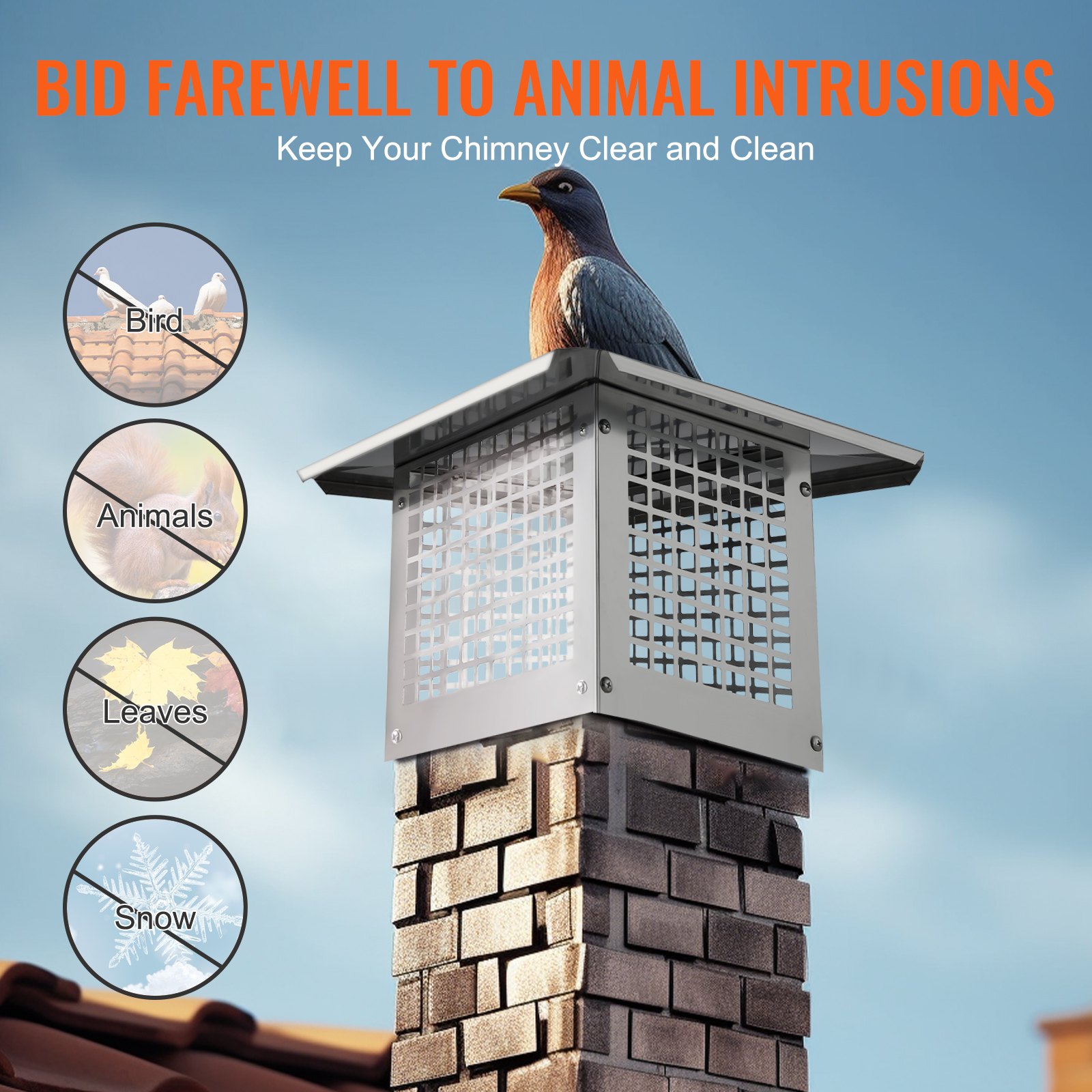 Tapa de chimenea VEVOR en una chimenea de ladrillo con un pájaro posado encima. texto: mantenga su chimenea limpia y despejada.
