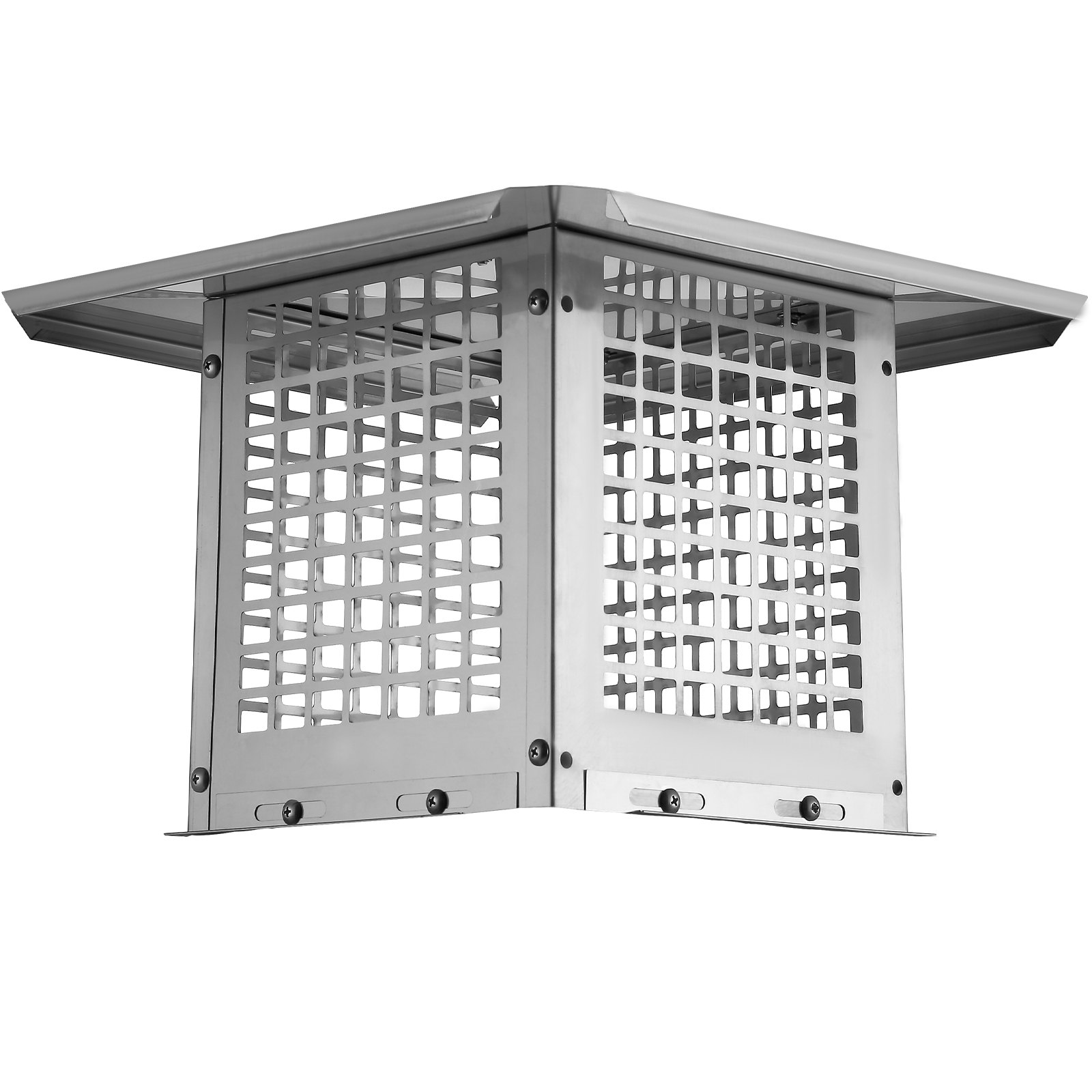 Tapa de chimenea VEVOR cuadrada de acero inoxidable con lados de malla y esquinas atornilladas para una construcción resistente.