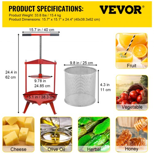 VEVOR Prensa de vino de frutas, 1,3 galones/5 l, prensador manual de uvas de hierro fundido para hacer vino, tintura de sidra, verduras, miel, aceite de oliva, prensa con cesta hueca de acero inoxidable, mango en T, placa de 0,1 pulgadas de grosor, 3 pies