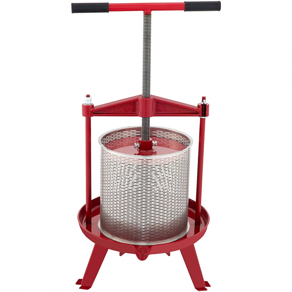 VEVOR Prensa de vino de frutas, 1,3 galones/5 l, prensador manual de uvas de hierro fundido para hacer vino, tintura de sidra, verduras, miel, aceite de oliva, prensa con cesta hueca de acero inoxidable, mango en T, placa de 0,1 pulgadas de grosor, 3 pies