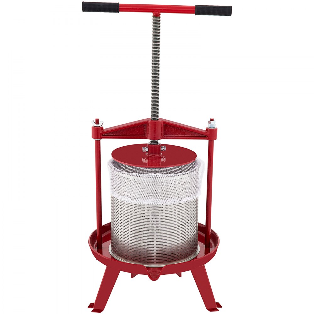 VEVOR Prensa de vino de frutas, 1,3 galones/5 l, prensador manual de uvas de hierro fundido para hacer vino, tintura de sidra, verduras, miel, aceite de oliva, prensa con cesta hueca de acero inoxidable, mango en T, placa de 0,1 pulgadas de grosor, 3 pies