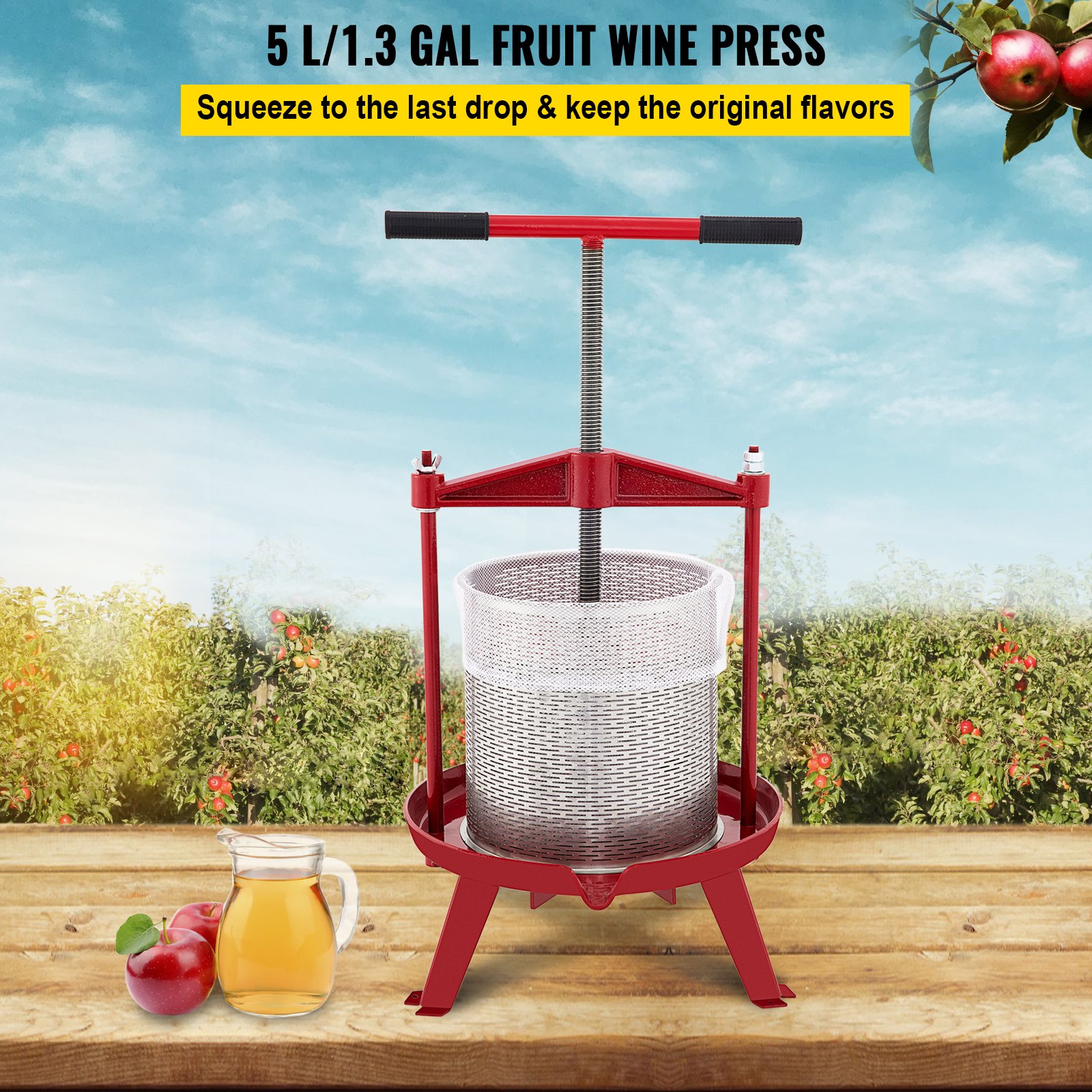 VEVOR Prensa de vino de frutas, 1,3 galones/5 l, prensador manual de uvas de hierro fundido para hacer vino, tintura de sidra, verduras, miel, aceite de oliva, prensa con cesta hueca de acero inoxidable, mango en T, placa de 0,1 pulgadas de grosor, 3 pies