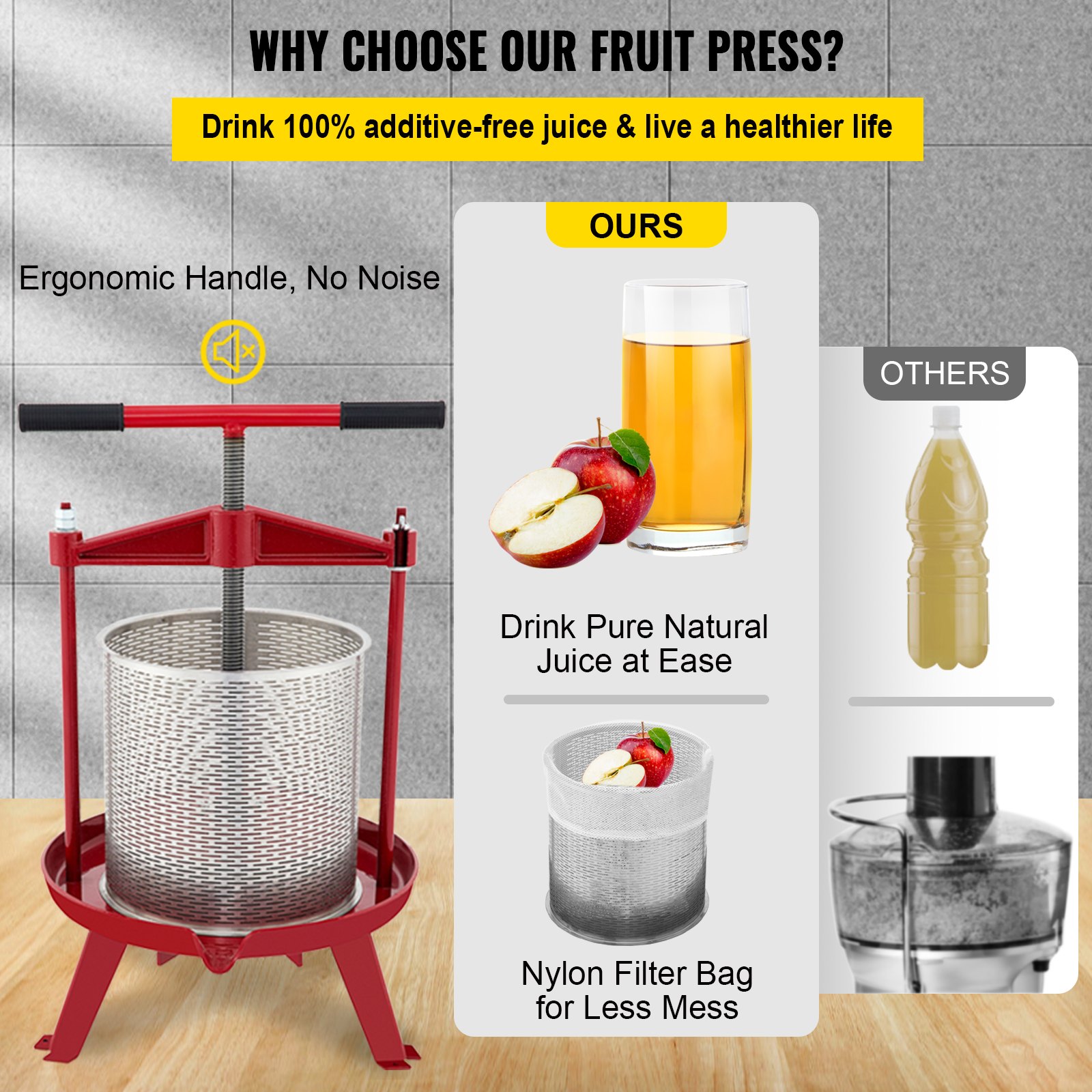 VEVOR Prensa de vino de frutas, 1,3 galones/5 l, prensador manual de uvas de hierro fundido para hacer vino, tintura de sidra, verduras, miel, aceite de oliva, prensa con cesta hueca de acero inoxidable, mango en T, placa de 0,1 pulgadas de grosor, 3 pies