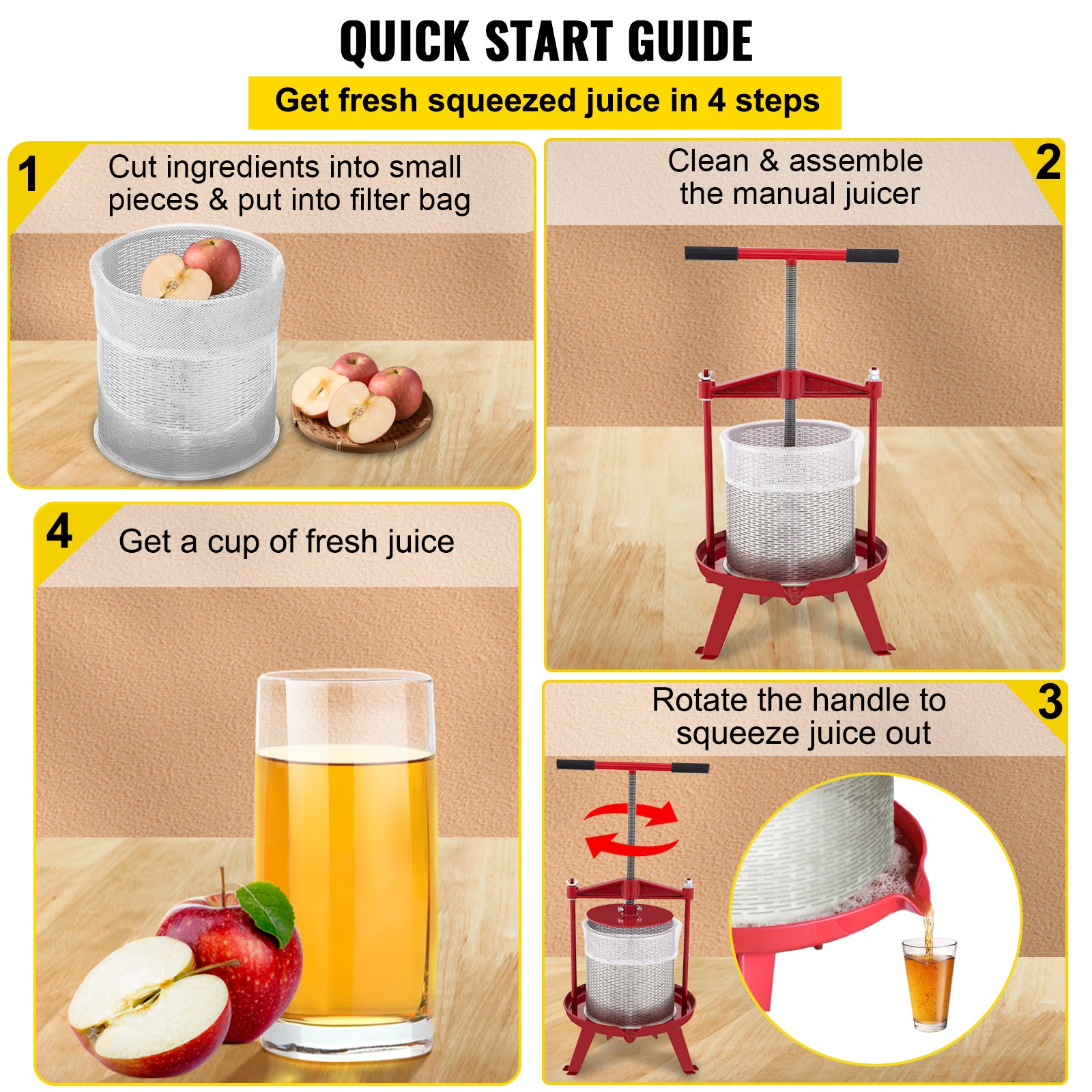 VEVOR Prensa de vino de frutas, 1,3 galones/5 l, prensador manual de uvas de hierro fundido para hacer vino, tintura de sidra, verduras, miel, aceite de oliva, prensa con cesta hueca de acero inoxidable, mango en T, placa de 0,1 pulgadas de grosor, 3 pies