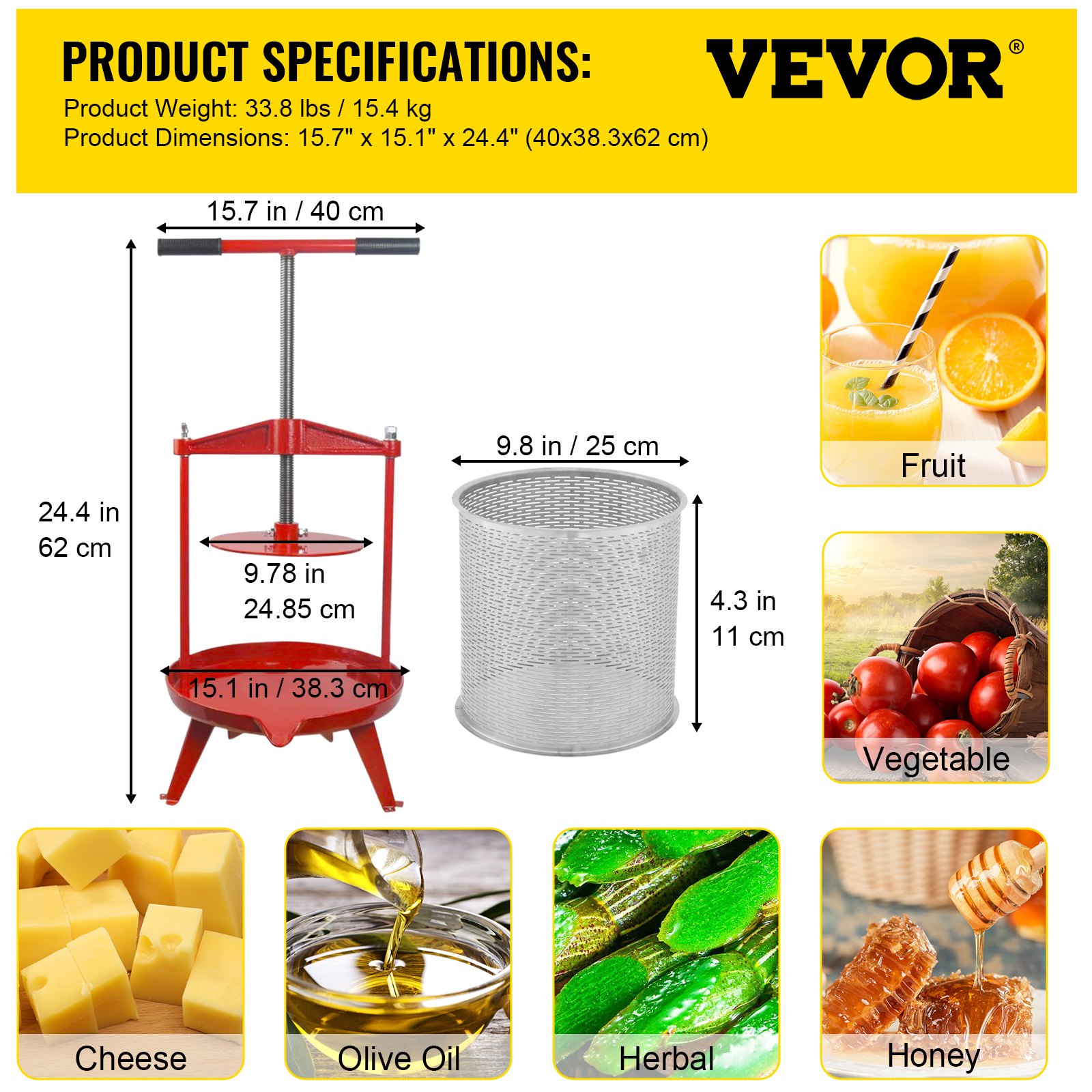 VEVOR Prensa de vino de frutas, 1,3 galones/5 l, prensador manual de uvas de hierro fundido para hacer vino, tintura de sidra, verduras, miel, aceite de oliva, prensa con cesta hueca de acero inoxidable, mango en T, placa de 0,1 pulgadas de grosor, 3 pies