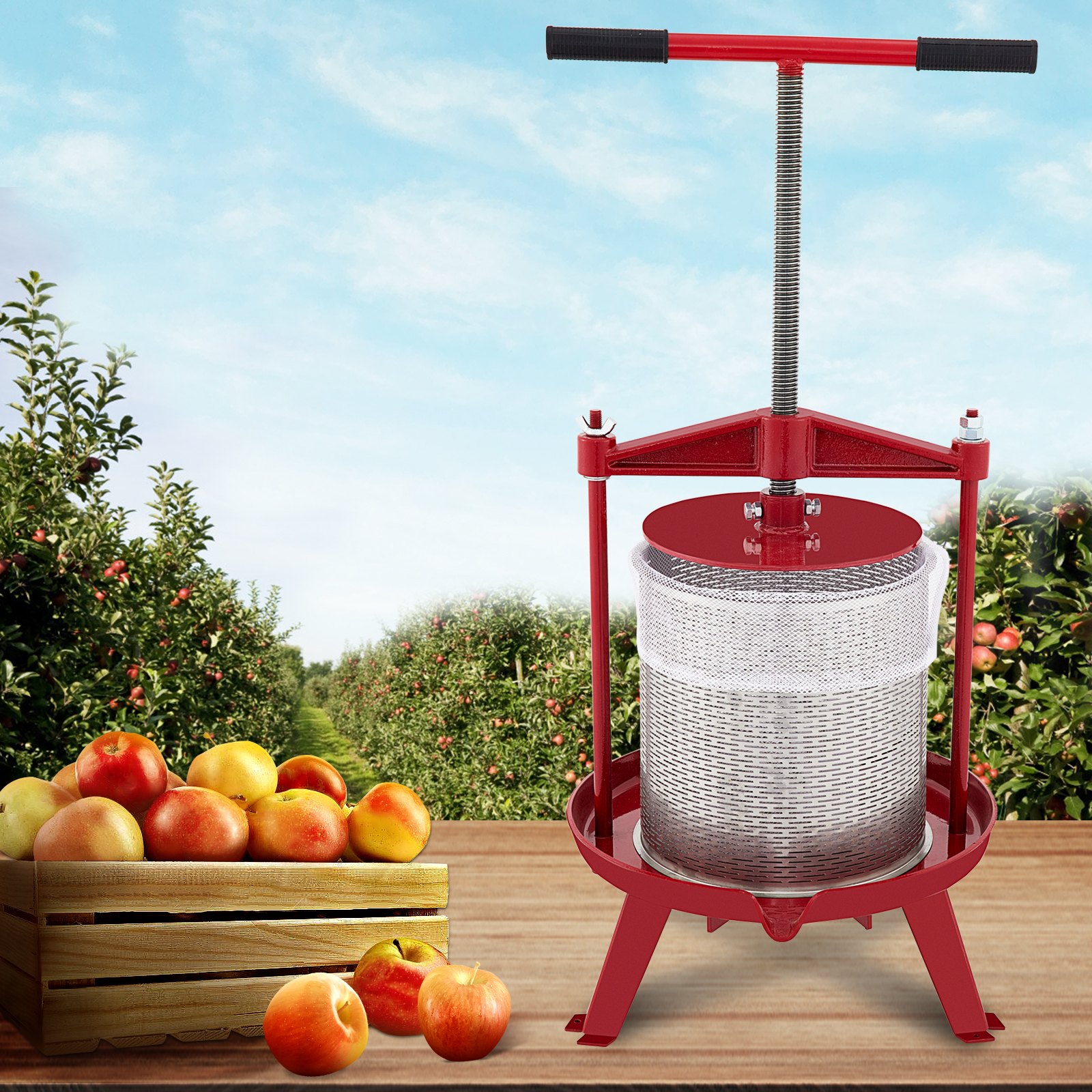 VEVOR Prensa de vino de frutas, 1,3 galones/5 l, prensador manual de uvas de hierro fundido para hacer vino, tintura de sidra, verduras, miel, aceite de oliva, prensa con cesta hueca de acero inoxidable, mango en T, placa de 0,1 pulgadas de grosor, 3 pies