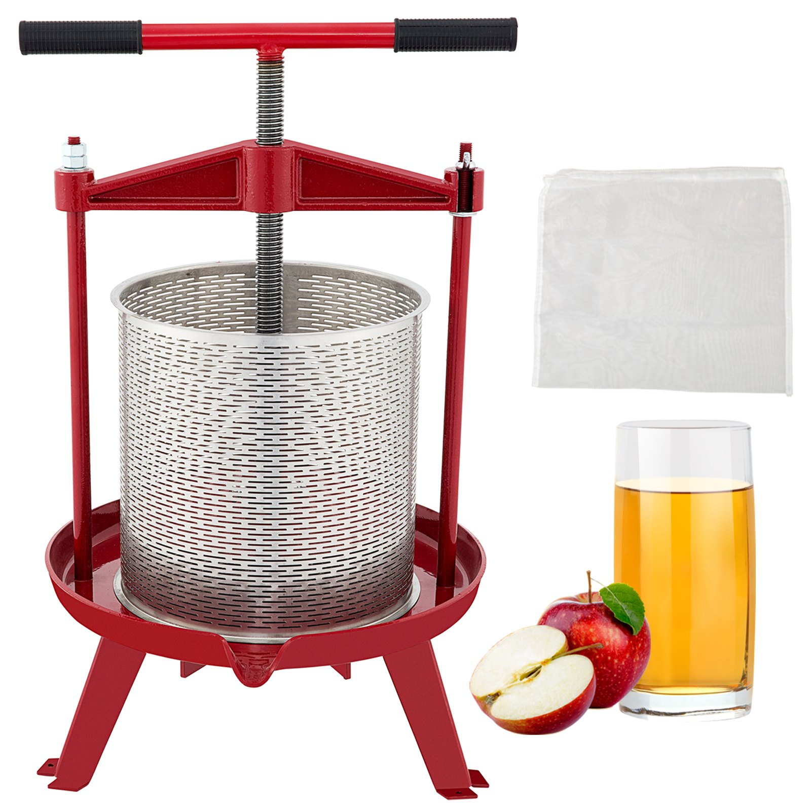 VEVOR Prensa de vino de frutas, 1,3 galones/5 l, prensador manual de uvas de hierro fundido para hacer vino, tintura de sidra, verduras, miel, aceite de oliva, prensa con cesta hueca de acero inoxidable, mango en T, placa de 0,1 pulgadas de grosor, 3 pies