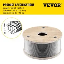 Cable de alambre de acero inoxidable VEVOR 316, cable de alambre de acero de 1/8'', cable de avión de 1000 pies con núcleo de 1x19 hebras, alambre de cable de acero de 2100 lb de resistencia a la rotura para barandas, escaleras, tendedero, pasamanos