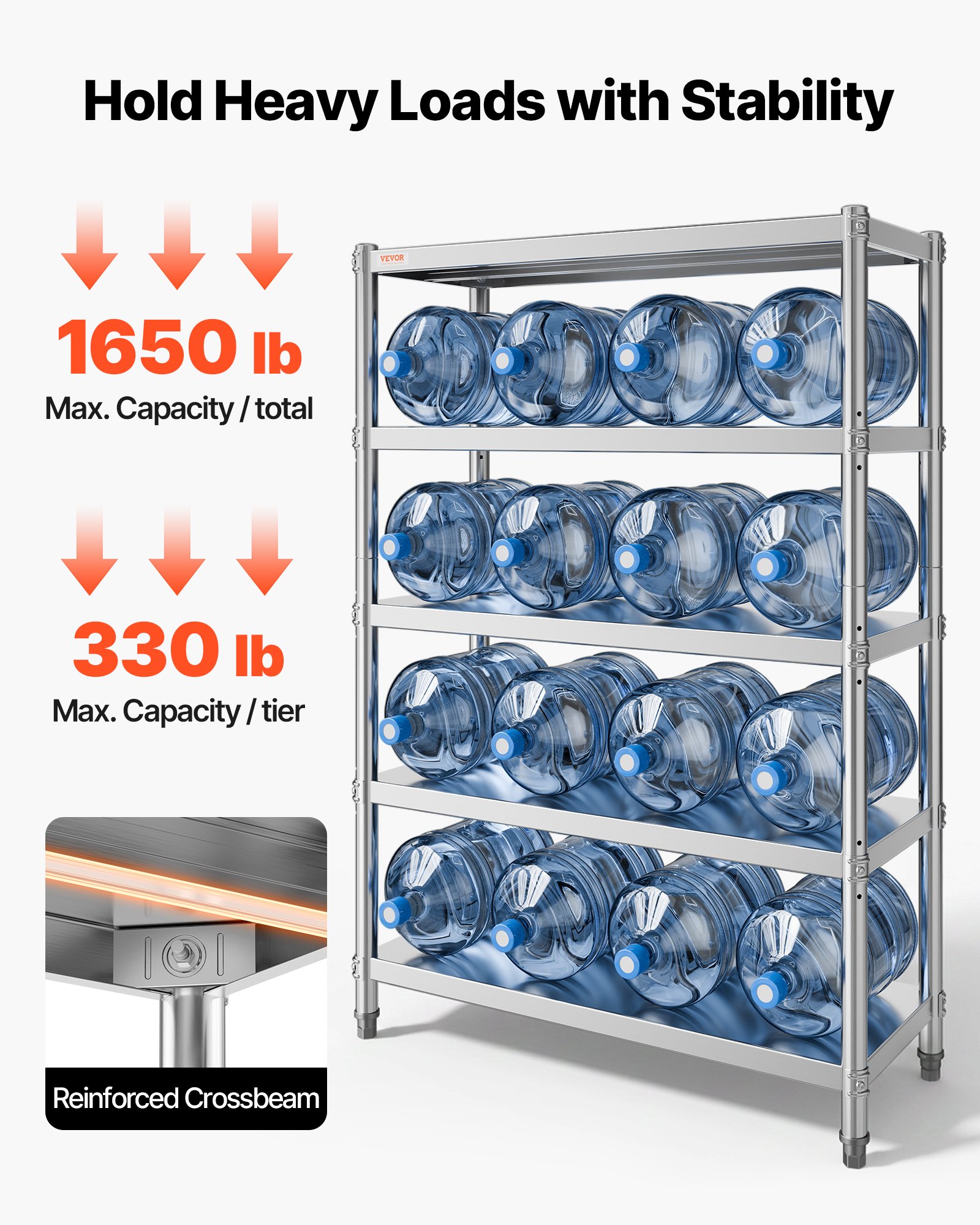 Estantes de acero inoxidable VEVOR de 48 x 18,5 pulgadas, 5 niveles, unidad de almacenamiento ajustable, estante de acero inoxidable, estantería resistente para cocina, oficina, garaje, almacenamiento, 330 lb por estante.