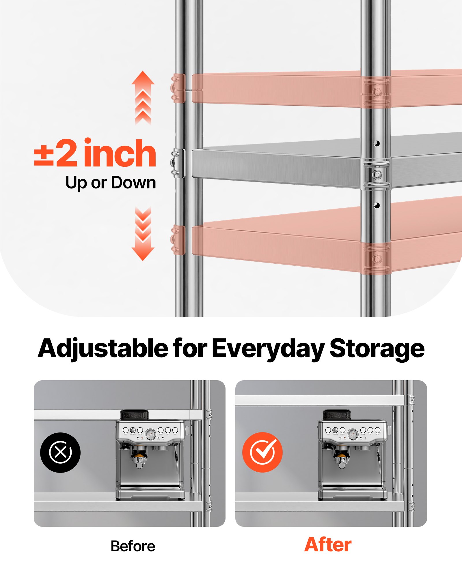 Estantes de acero inoxidable VEVOR de 48 x 18,5 pulgadas, 5 niveles, unidad de almacenamiento ajustable, estante de acero inoxidable, estantería resistente para cocina, oficina, garaje, almacenamiento, 330 lb por estante.