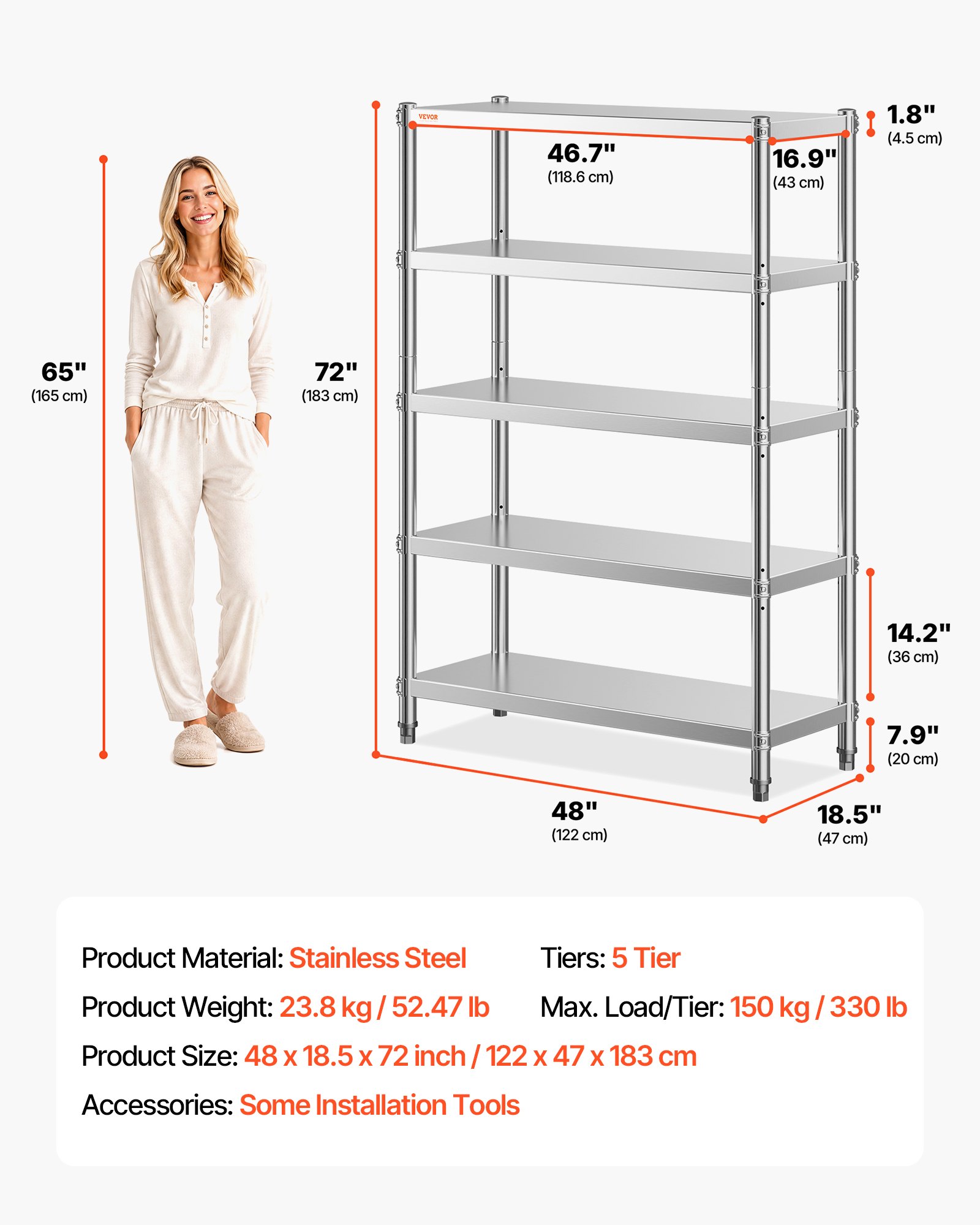 Estantes de acero inoxidable VEVOR de 48 x 18,5 pulgadas, 5 niveles, unidad de almacenamiento ajustable, estante de acero inoxidable, estantería resistente para cocina, oficina, garaje, almacenamiento, 330 lb por estante.