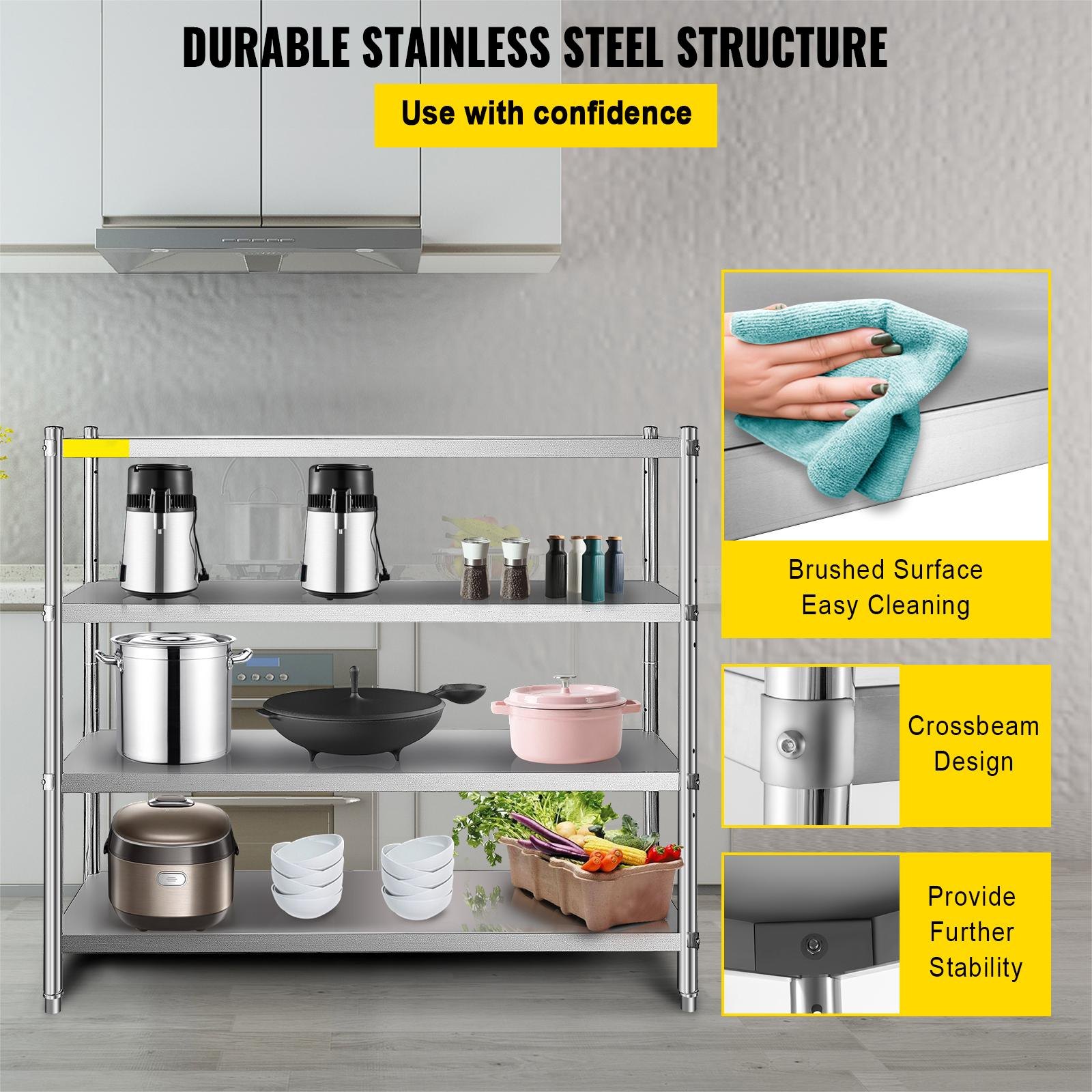 Estante de almacenamiento VEVOR con electrodomésticos y utensilios de cocina, características de durabilidad y fácil limpieza.