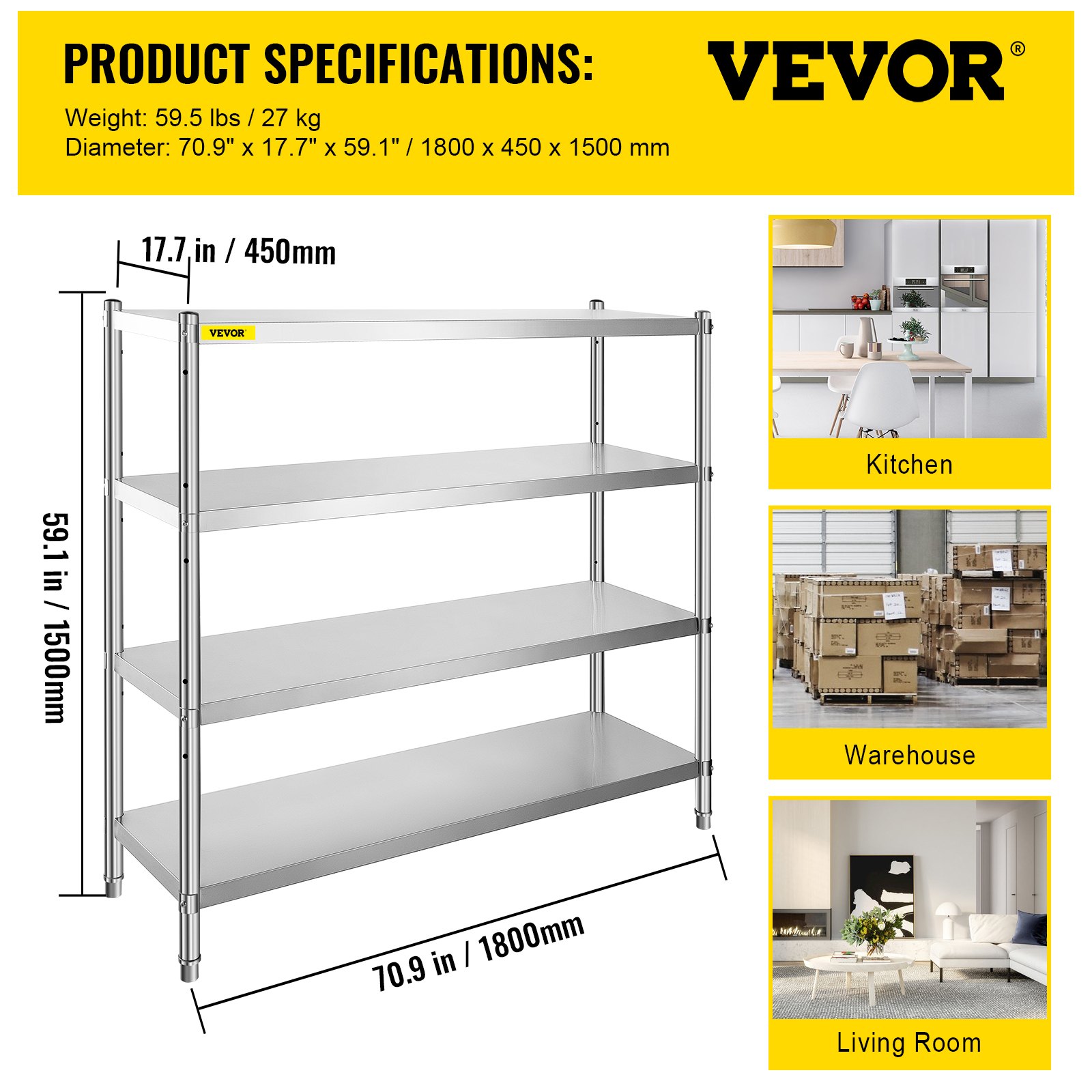 Estantería de almacenamiento VEVOR con dimensiones y posibles usos en cocina, almacén y salón.