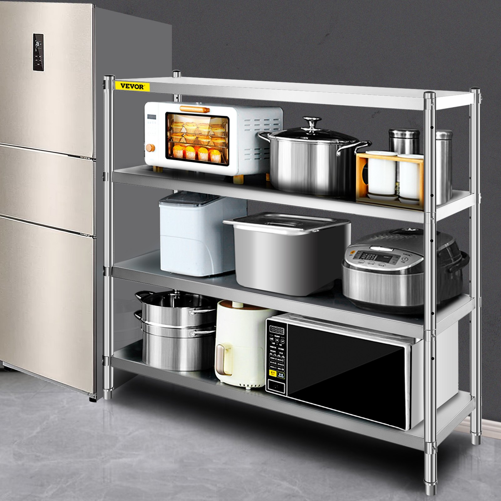 Estante de almacenamiento VEVOR con electrodomésticos de cocina que incluyen horno, ollas, microondas y recipientes.