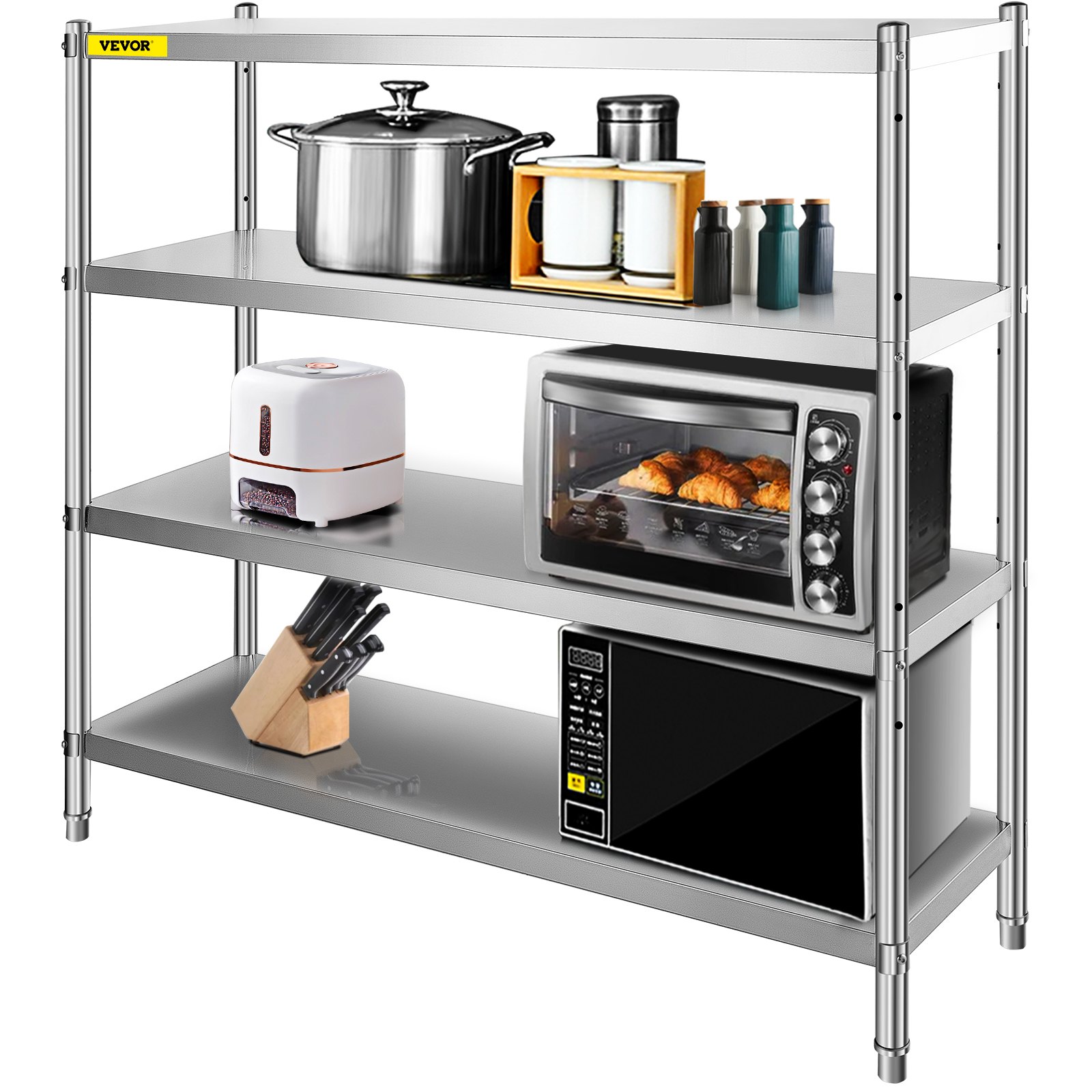 Estantería de almacenamiento VEVOR con electrodomésticos y utensilios de cocina en cuatro niveles de acero inoxidable.
