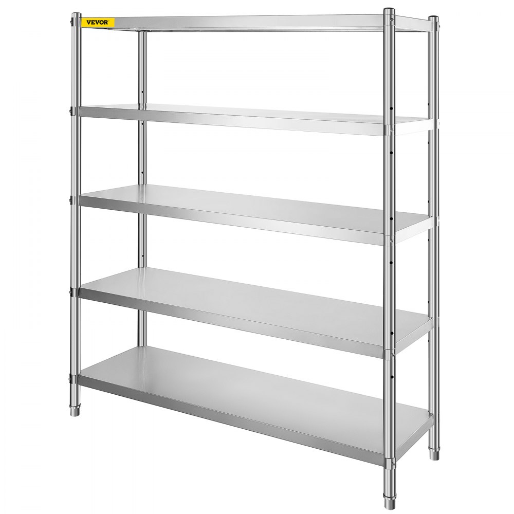 Estante de almacenamiento VEVOR de acero inoxidable con cinco niveles ajustables.