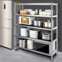 Estantería de almacenamiento VEVOR con electrodomésticos y utensilios de cocina en una cocina moderna.