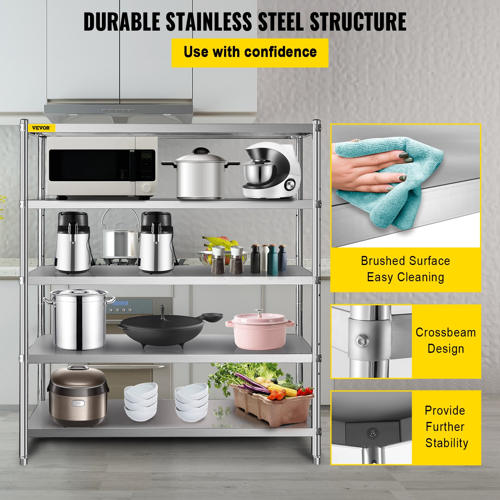 Estantería de almacenamiento VEVOR con estructura de acero inoxidable en entorno de cocina, varios artículos en los estantes.