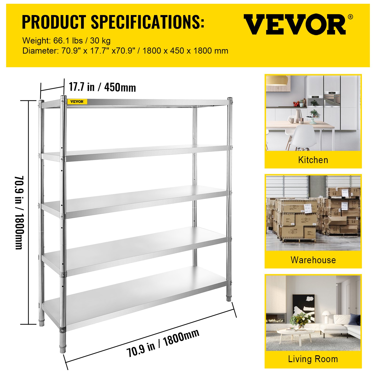 Dimensiones y aplicaciones de los estantes de almacenamiento VEVOR para cocina, almacén y sala de estar.