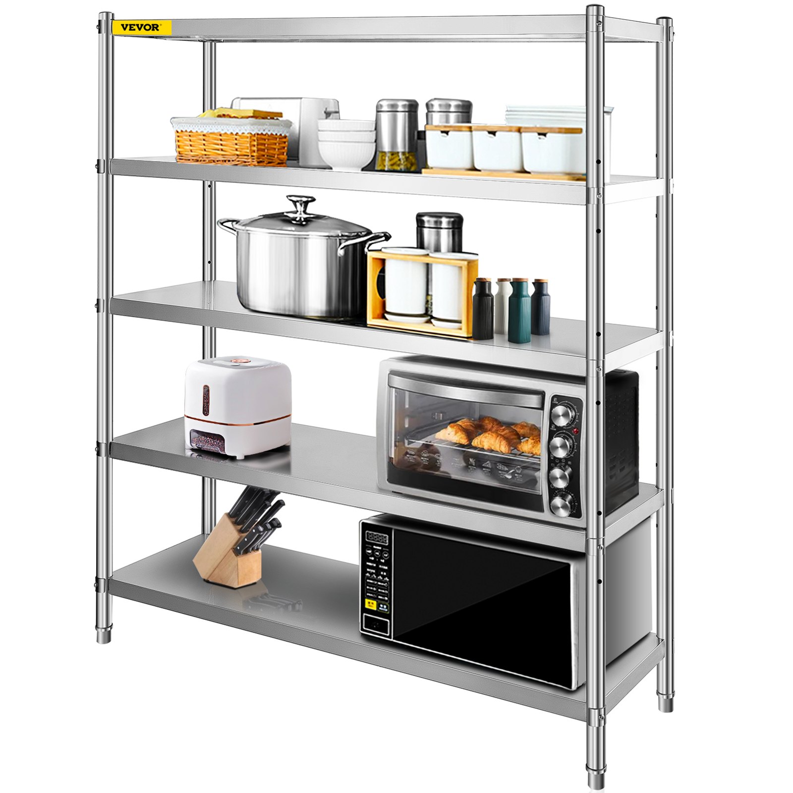 Estantería de almacenamiento VEVOR con electrodomésticos, recipientes y utensilios de cocina.