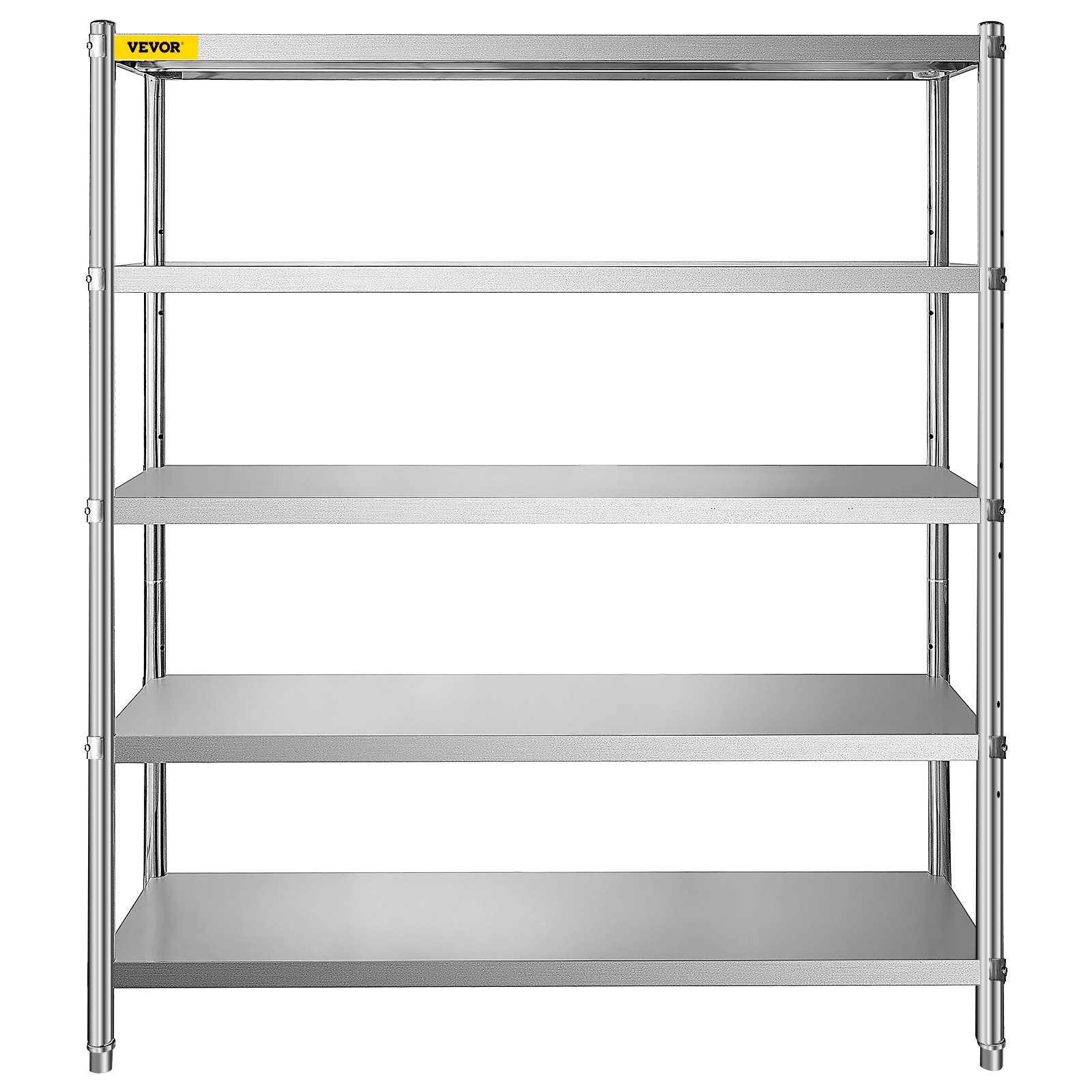 Estante de almacenamiento VEVOR con cuatro niveles de metal plateado y marco resistente.
