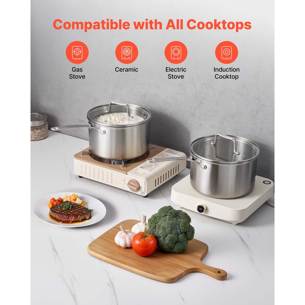 Cacerola VEVOR de 4 cuartos de galón, de acero inoxidable con tapa de vidrio, antiadherente multiusos, pequeña, de acero inoxidable, con mango ergonómico, apta para horno, lavavajillas y cocina de inducción.