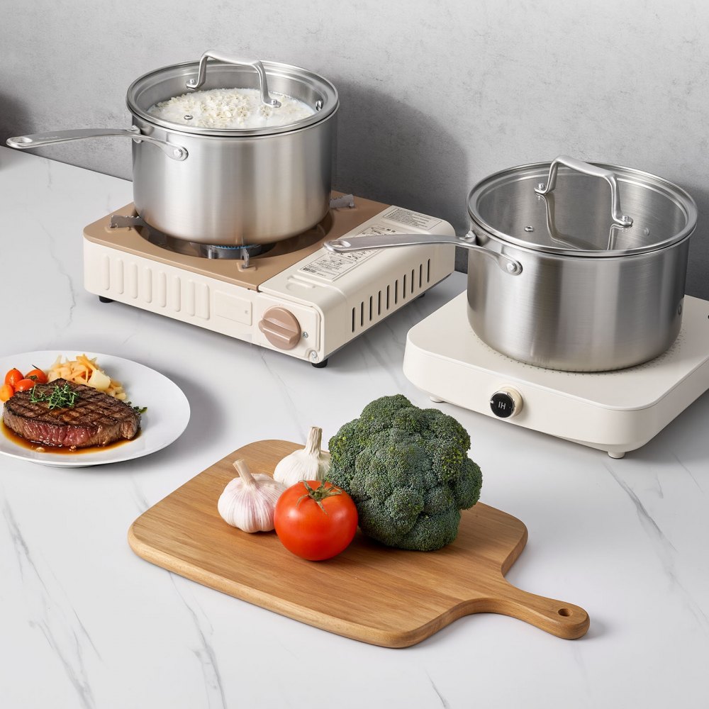 Cacerola VEVOR de 4 cuartos de galón, de acero inoxidable con tapa de vidrio, antiadherente multiusos, pequeña, de acero inoxidable, con mango ergonómico, apta para horno, lavavajillas y cocina de inducción.