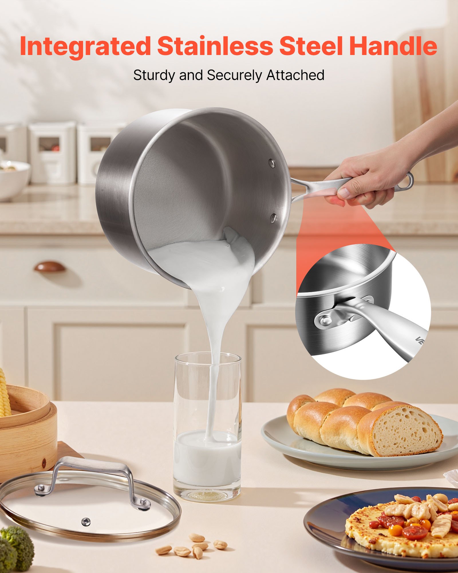 Cacerola VEVOR de 4 cuartos de galón, de acero inoxidable con tapa de vidrio, antiadherente multiusos, pequeña, de acero inoxidable, con mango ergonómico, apta para horno, lavavajillas y cocina de inducción.