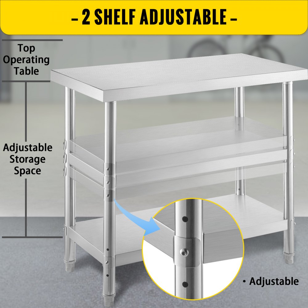 Mesa de preparación de acero inoxidable VEVOR con estantes dobles ajustables y espacio de almacenamiento.