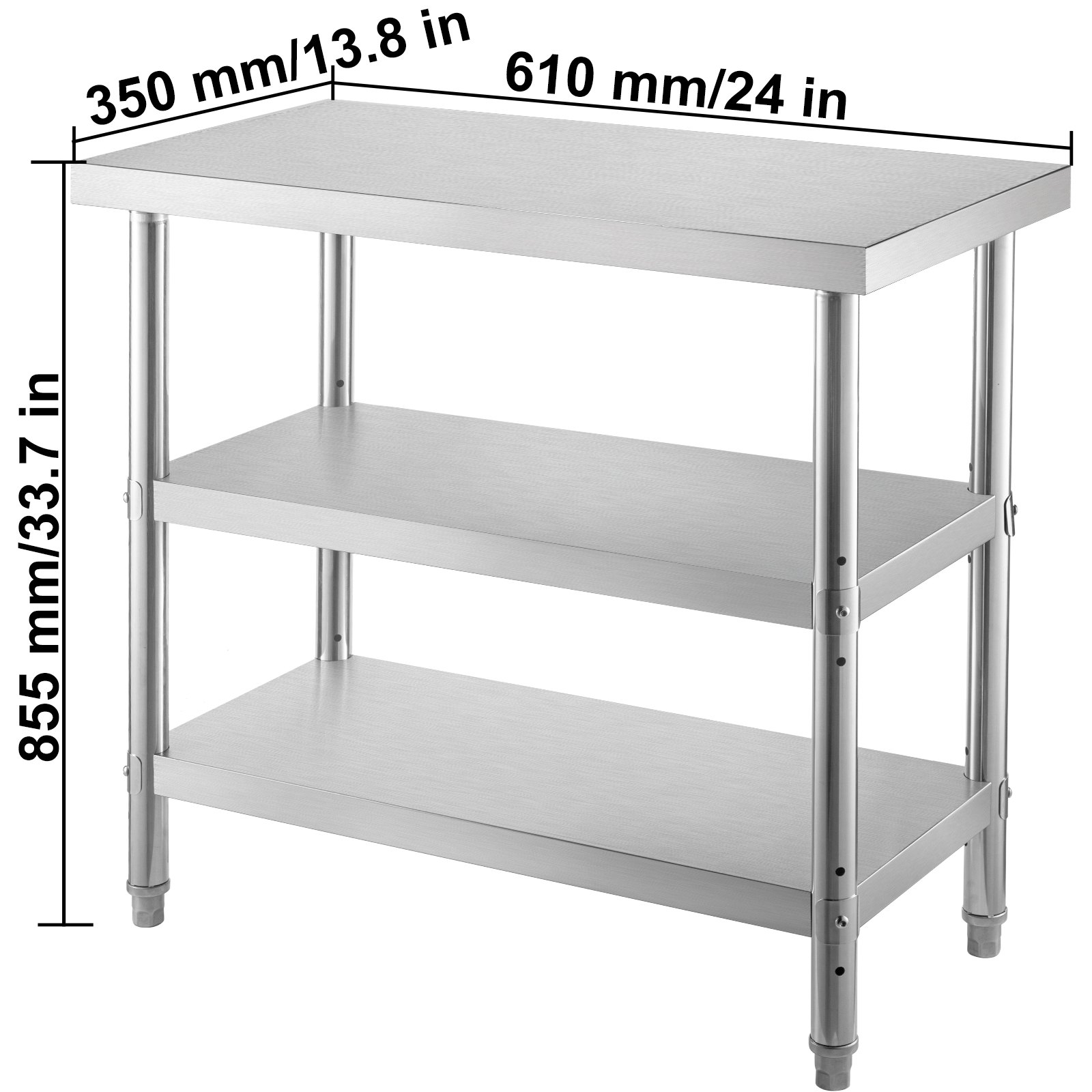 Mesa de preparación de acero inoxidable VEVOR con dos estantes inferiores, dimensiones etiquetadas.
