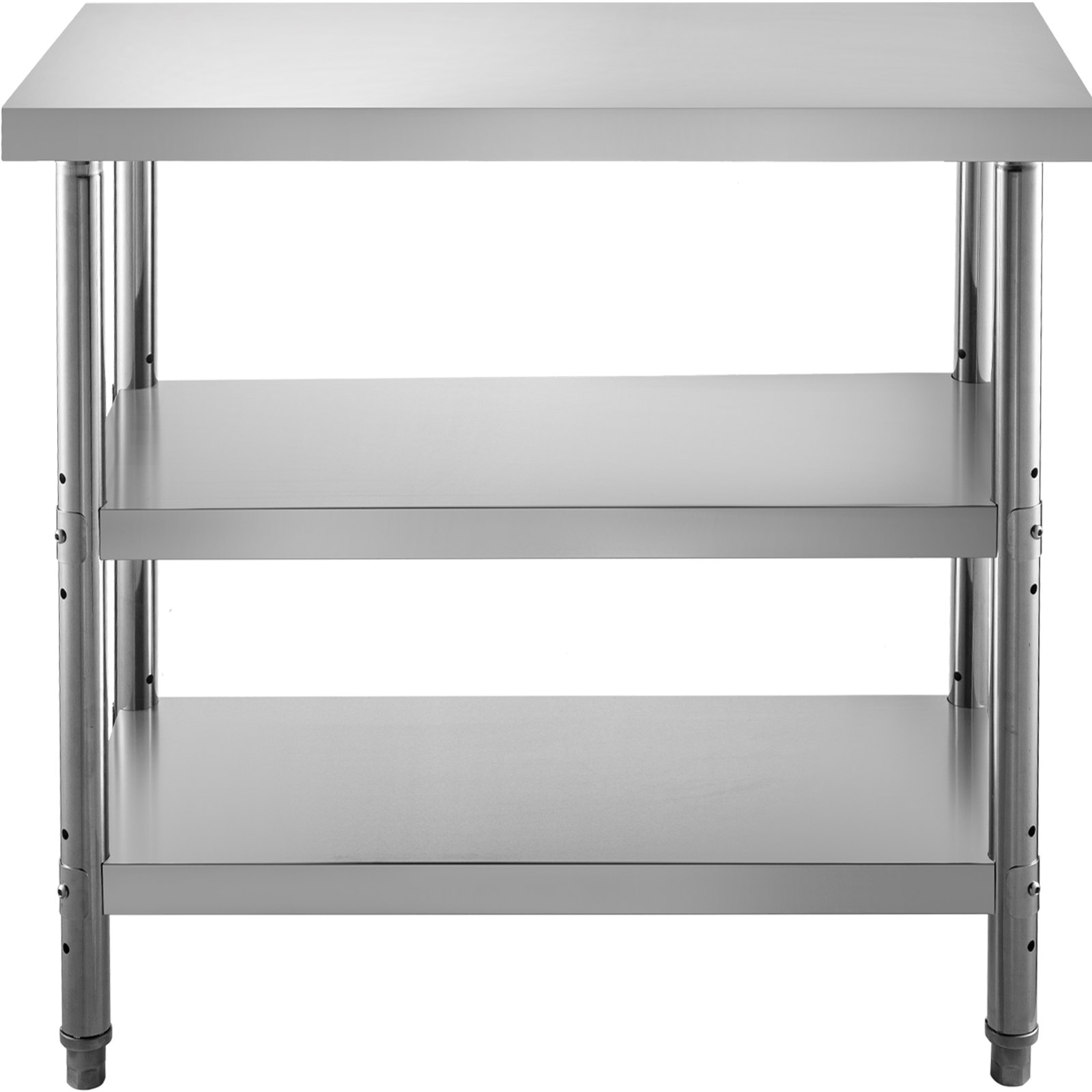 Mesa de preparación de alimentos para exterior VEVOR con dos estantes inferiores y estructura de acero inoxidable.