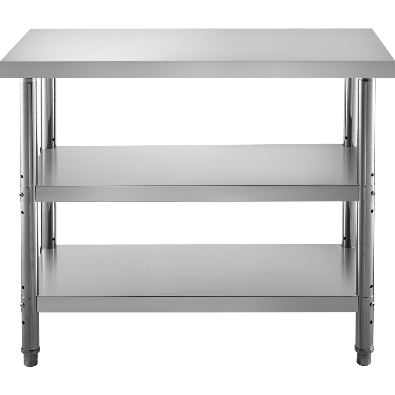 Mesa de preparación de alimentos para exterior VEVOR de acero inoxidable con dos estantes inferiores.