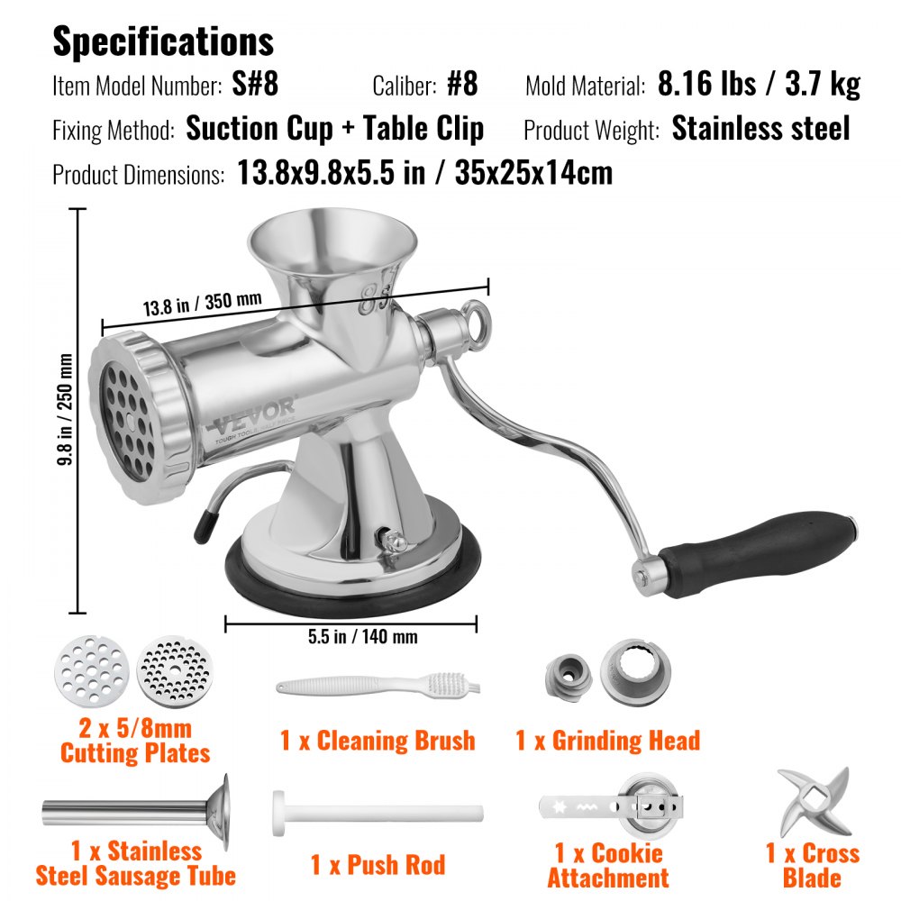 Picadora de carne manual VEVOR, acero inoxidable, 13,8 x 9,8 x 5,5 pulgadas, incluye accesorios y especificaciones.