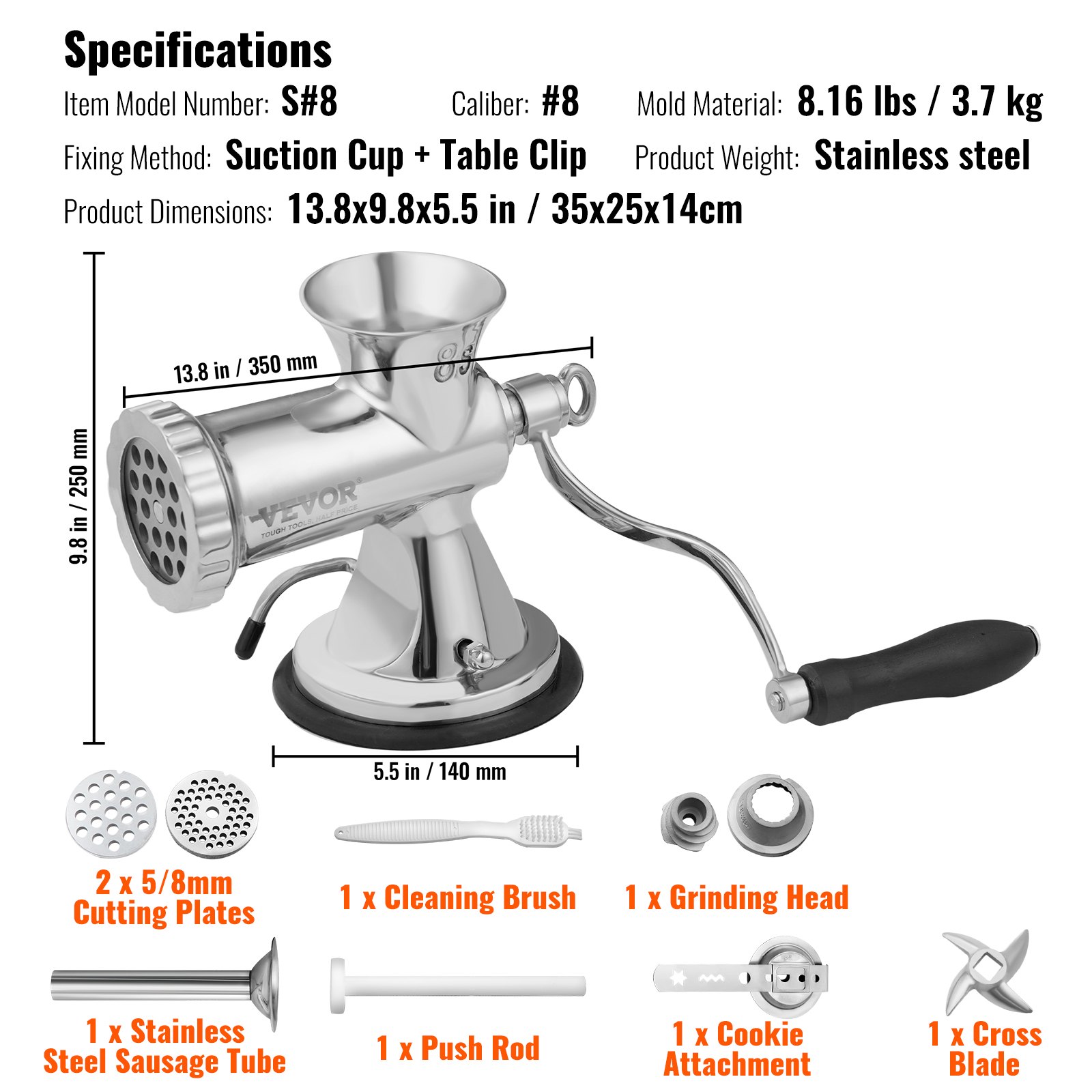 Picadora de carne manual VEVOR, acero inoxidable, 13,8 x 9,8 x 5,5 pulgadas, incluye accesorios y especificaciones.