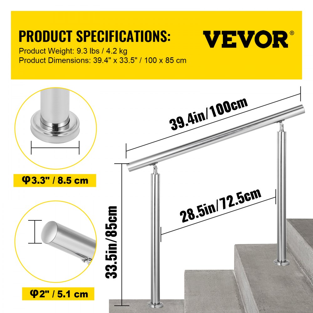 Especificaciones del pasamanos de acero inoxidable VEVOR: 39,4 pulgadas de largo, 33,5 pulgadas de alto, base de φ3,3 pulgadas.